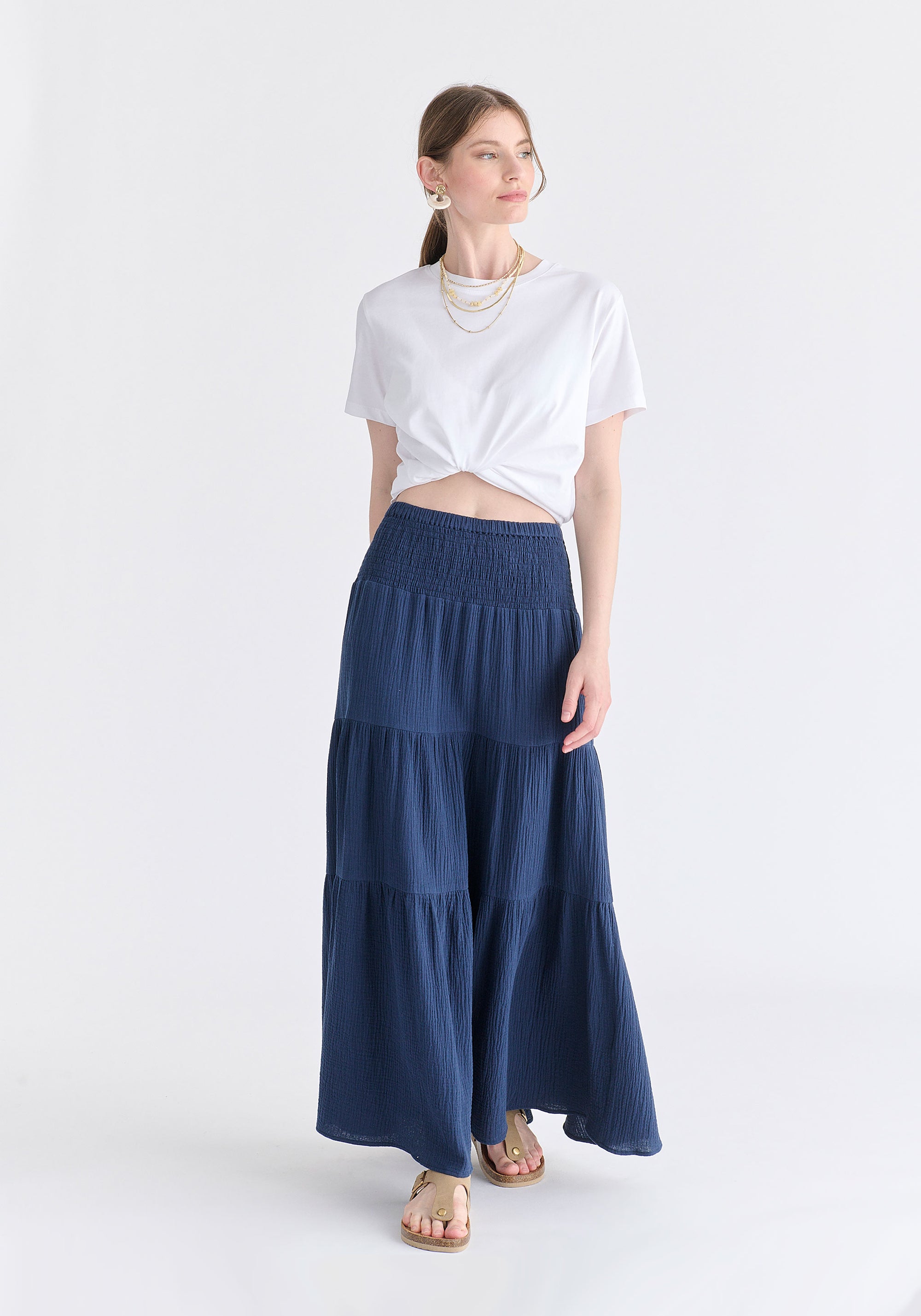 Cheesecloth Shirred Waist Tiered Maxi Skirt in Navy Front