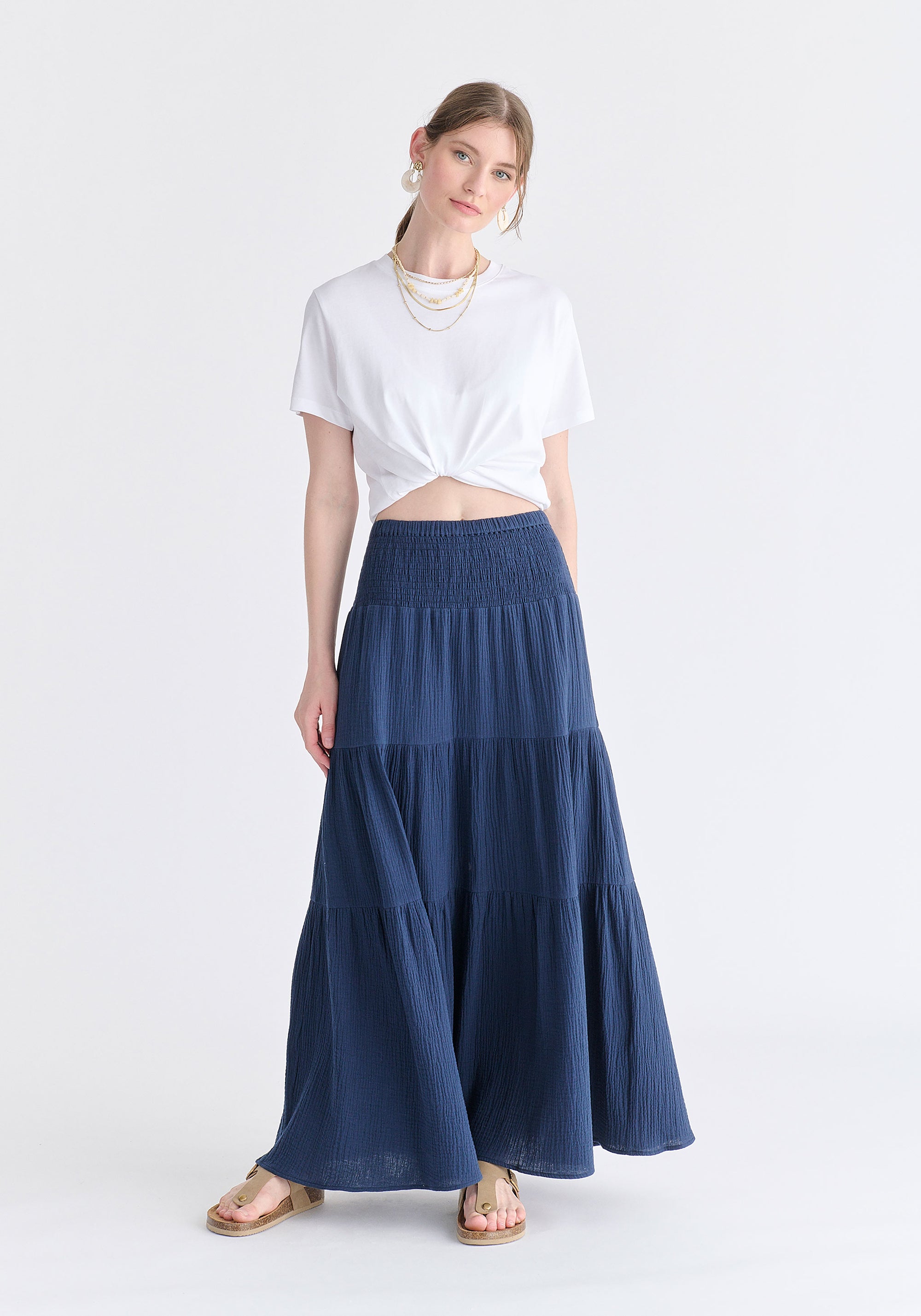 Cheesecloth Shirred Waist Tiered Maxi Skirt in Navy Front
