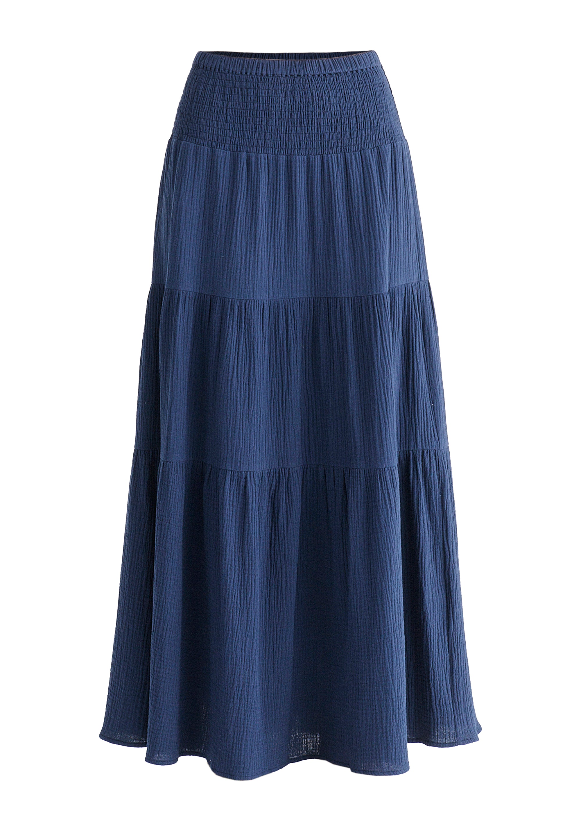 Cheesecloth Shirred Waist Tiered Maxi Skirt in Navy Cutout