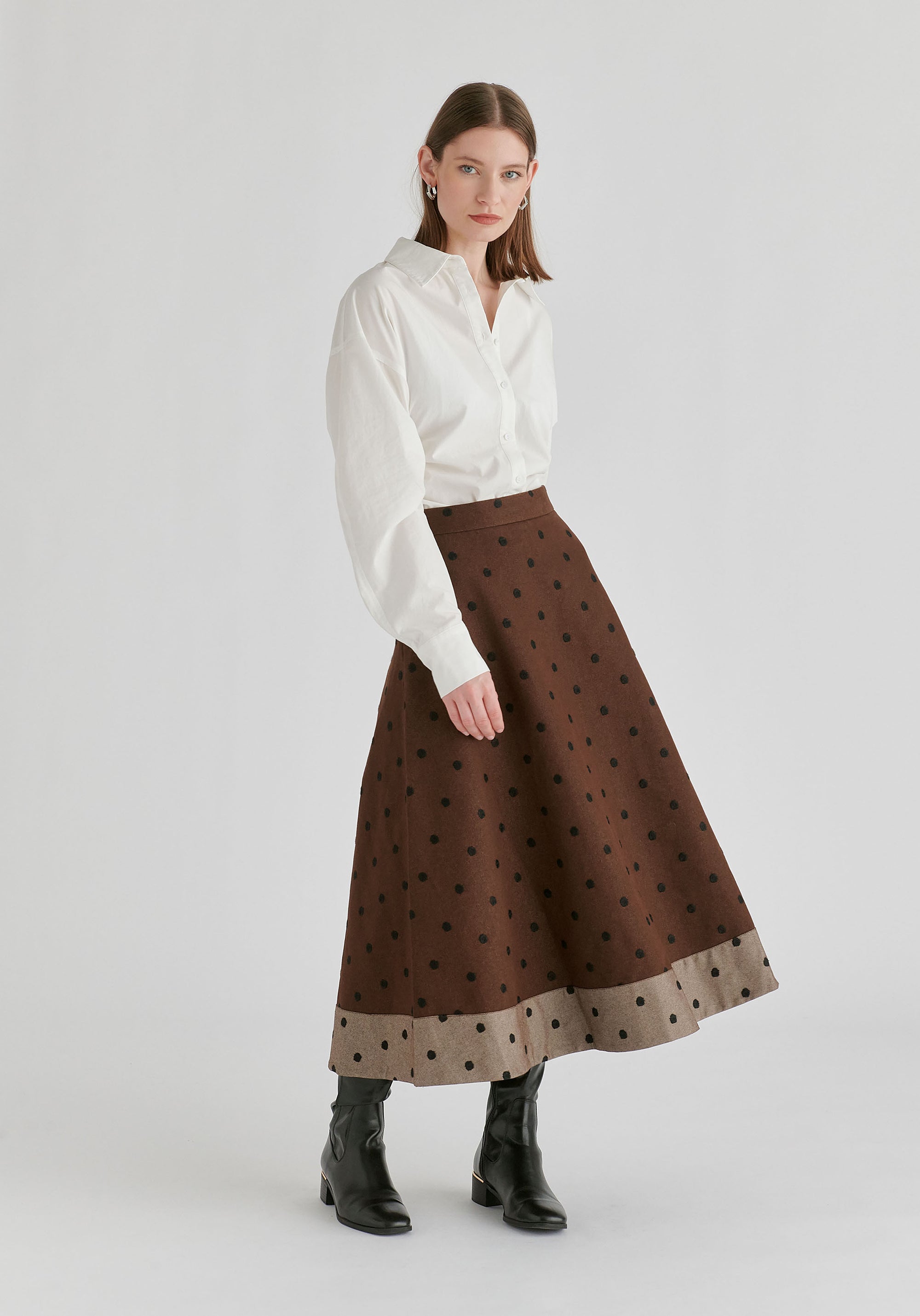 Embroidered Polka Dot  A-Line Denim Skirt with Contrast Hem