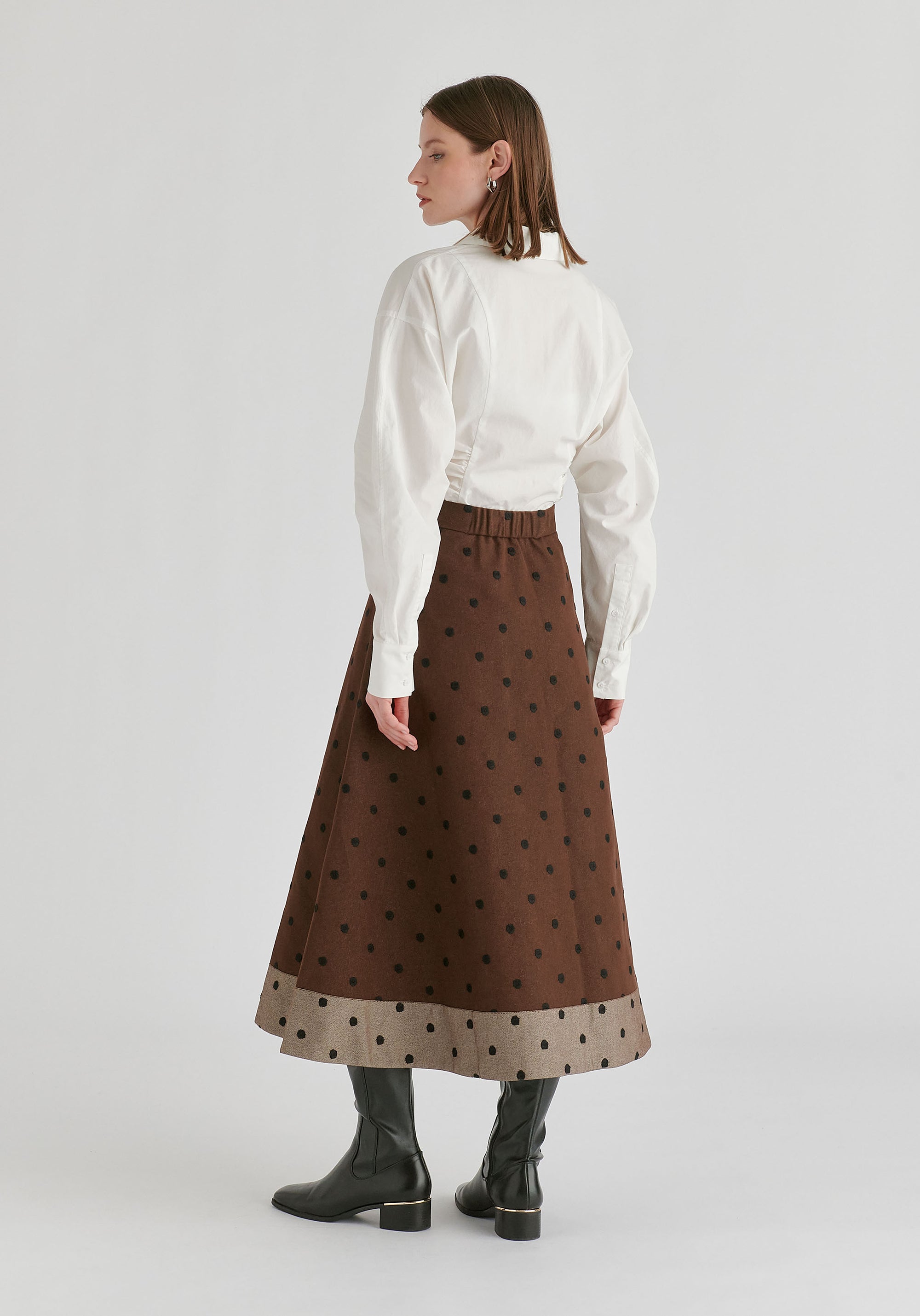 Embroidered Polka Dot  A-Line Denim Skirt with Contrast Hem