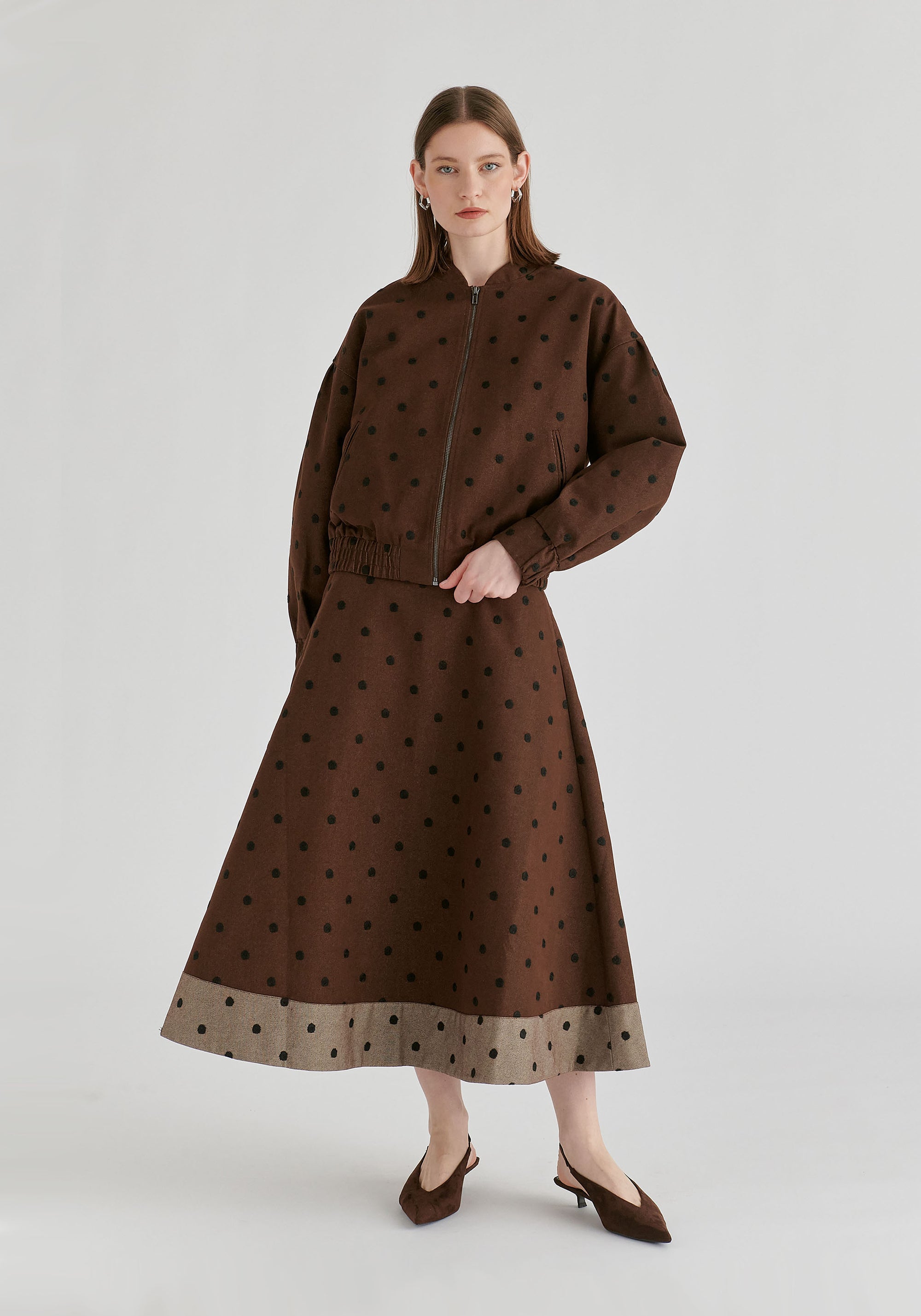 Embroidered Polka Dot  A-Line Denim Skirt with Contrast Hem