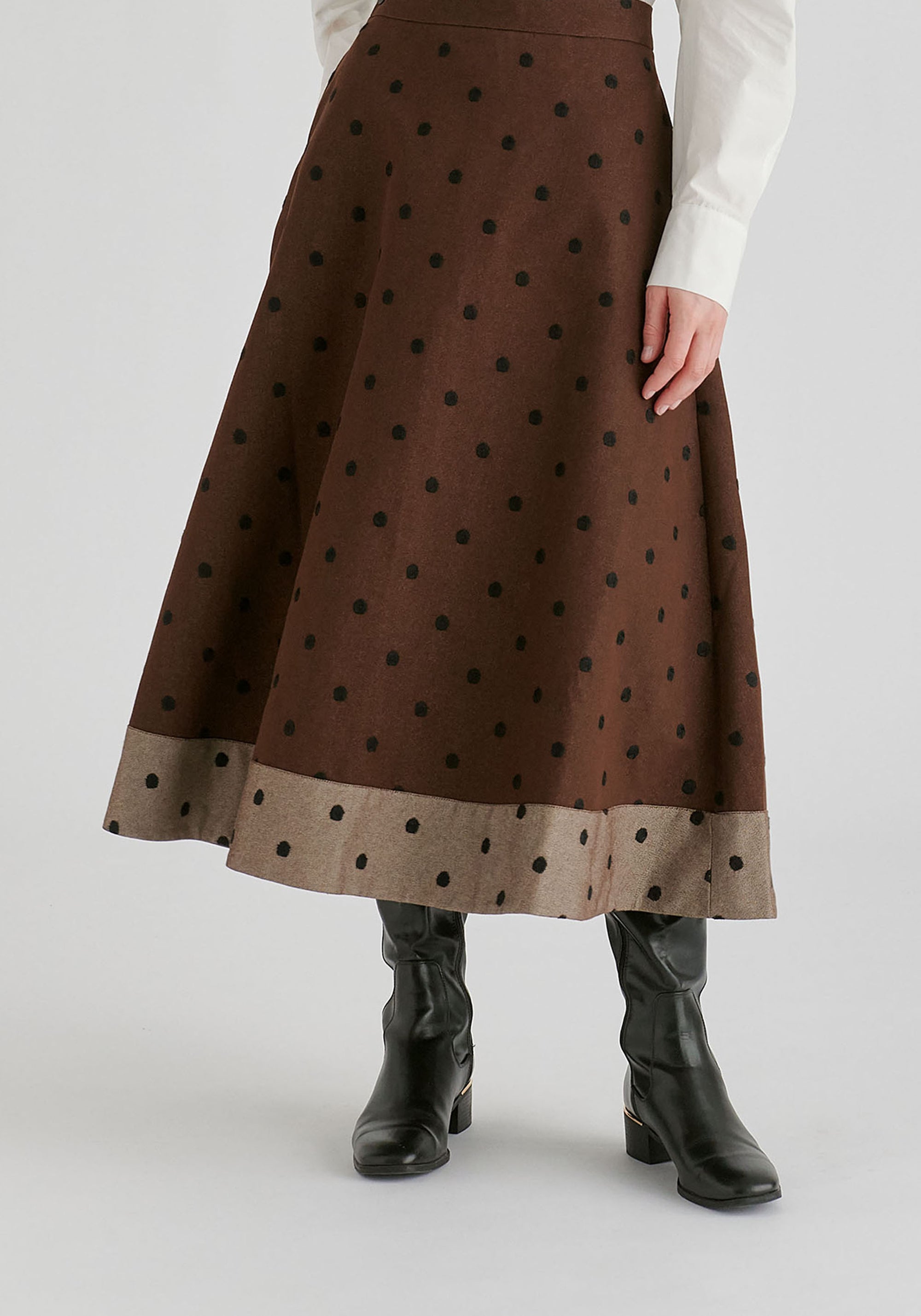 Embroidered Polka Dot  A-Line Denim Skirt with Contrast Hem