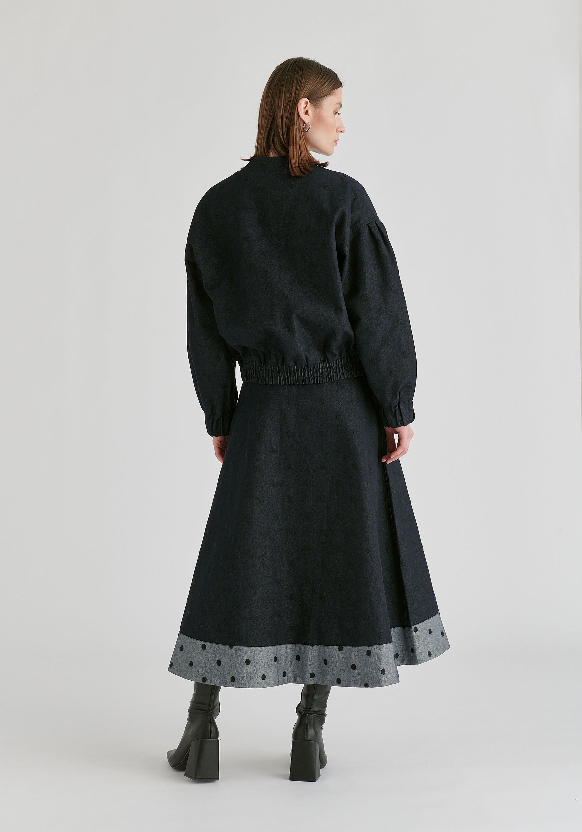 Embroidered Polka Dot  A-Line Denim Skirt with Contrast Hem