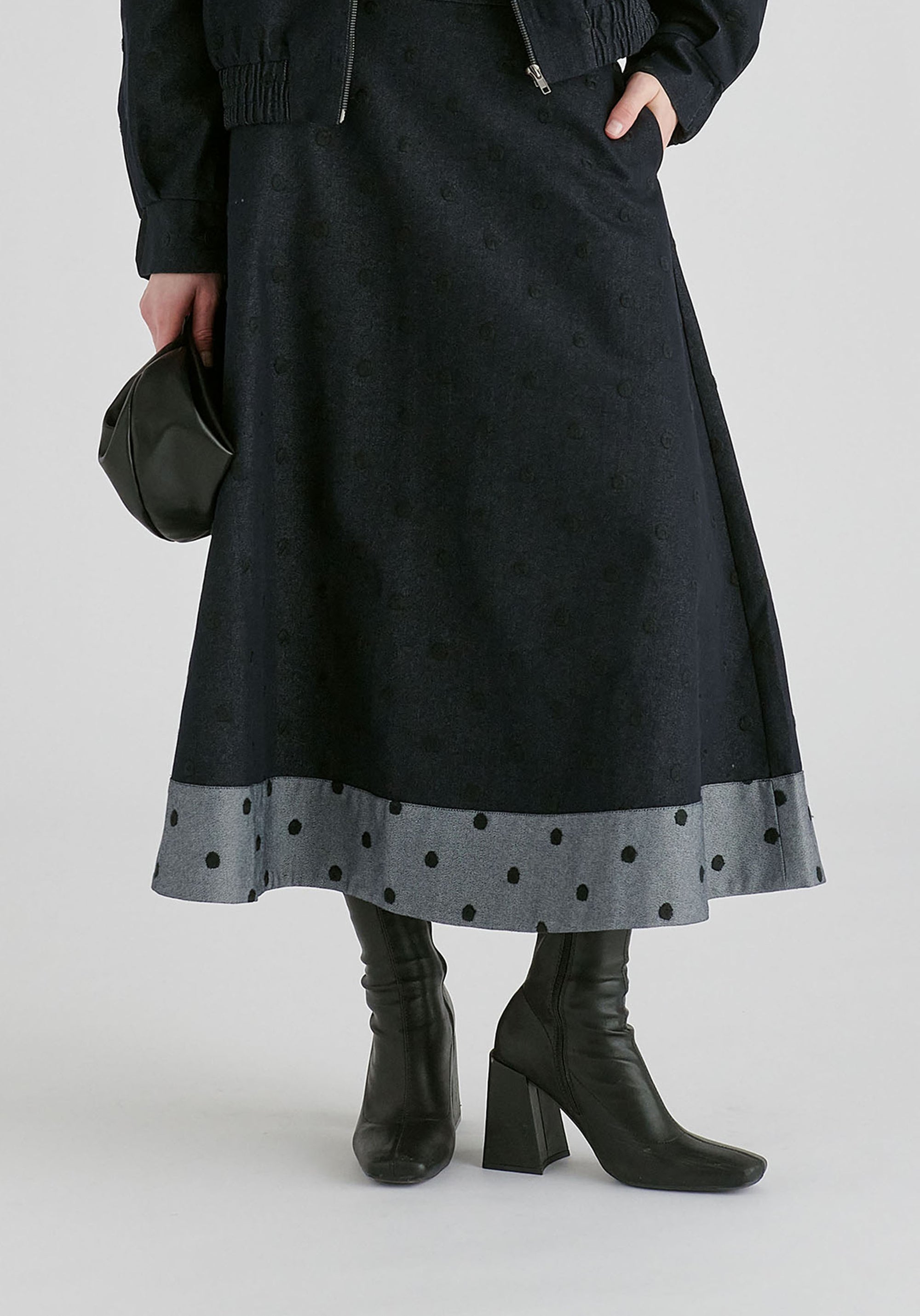 Embroidered Polka Dot  A-Line Denim Skirt with Contrast Hem