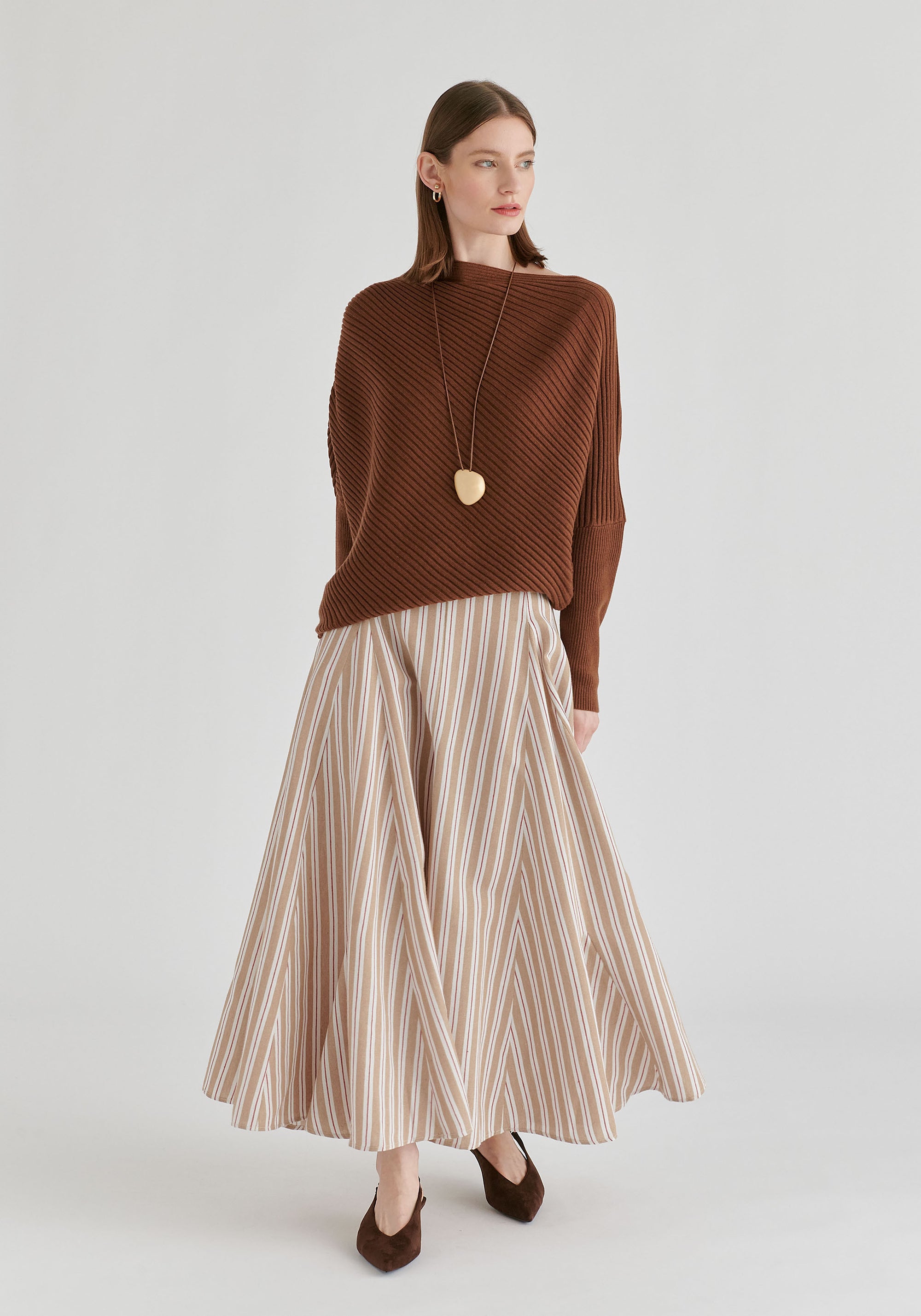 Striped Flared Maxi Skirt with Godet Paneling in Beige Stripes Front