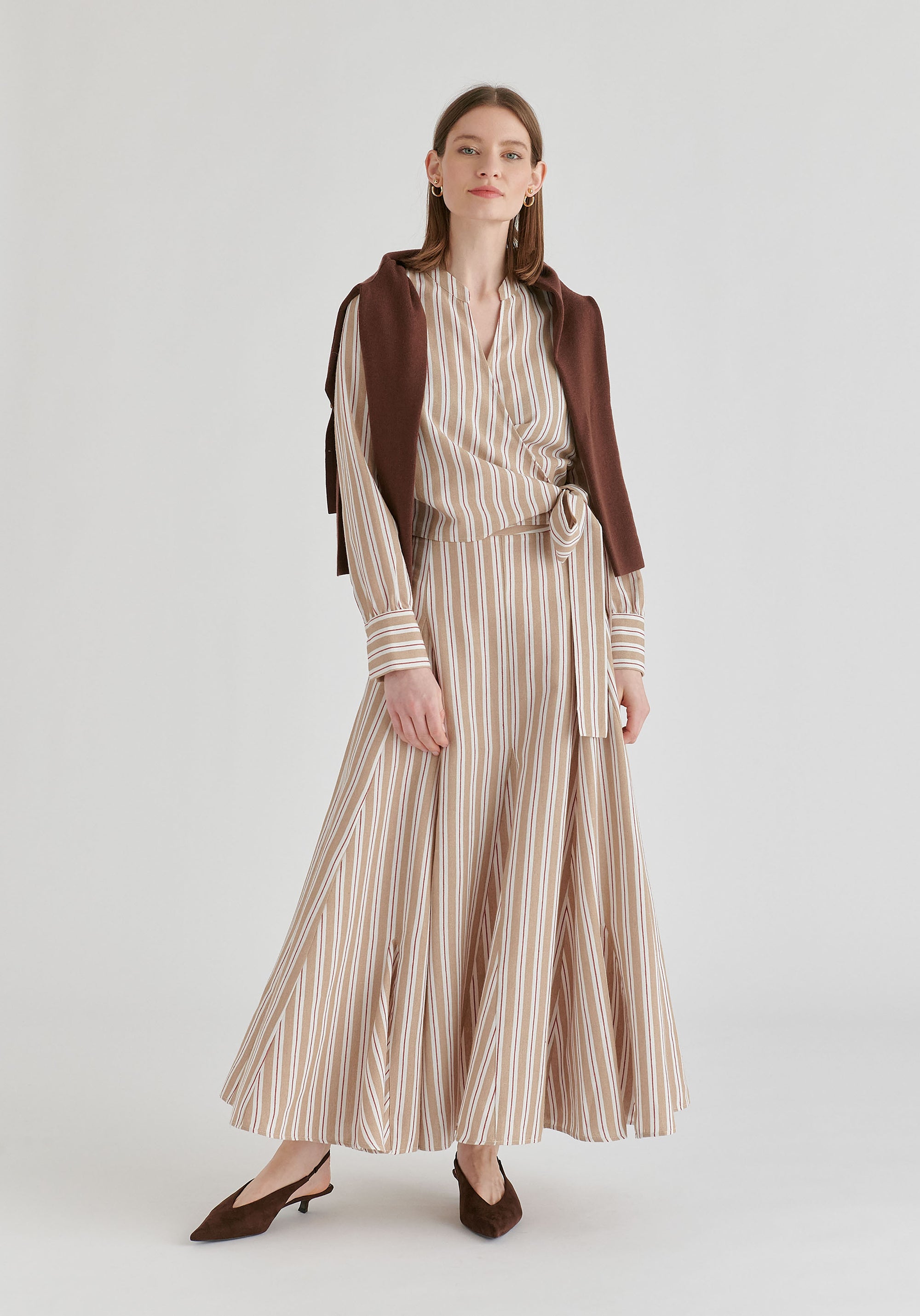 Striped Flared Maxi Skirt with Godet Paneling in Beige Stripes Front