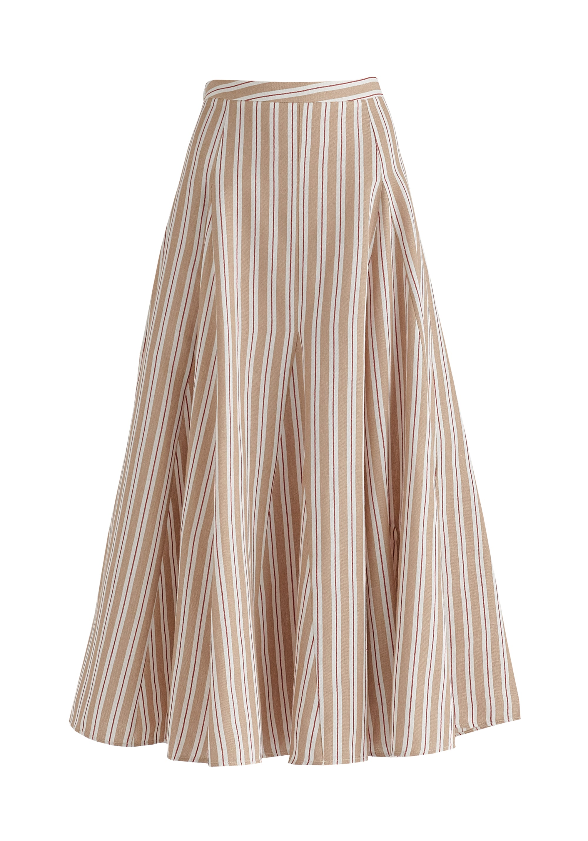 Striped Flared Maxi Skirt with Godet Paneling in Beige Stripes Cutout