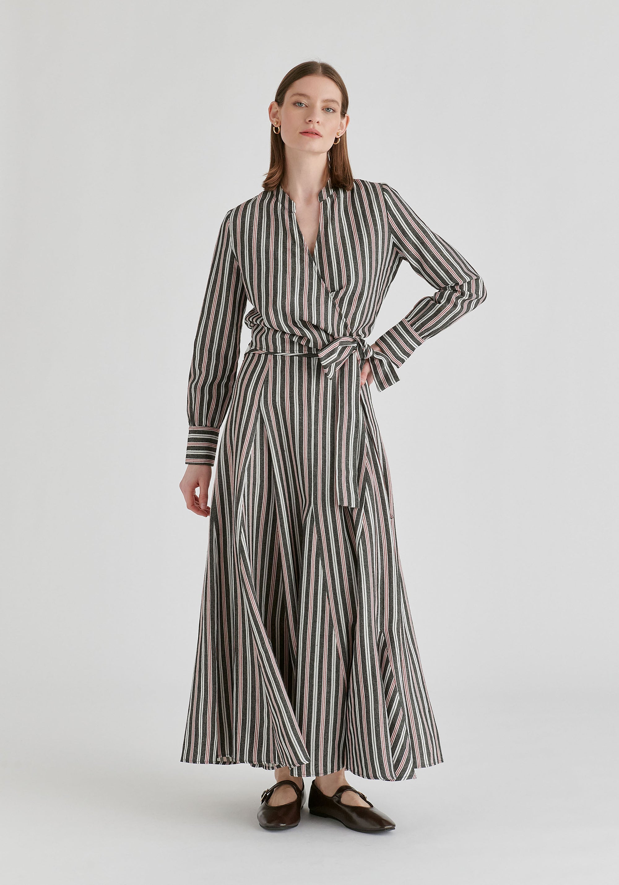 Striped Flared Maxi Skirt with Godet Paneling in Black Front