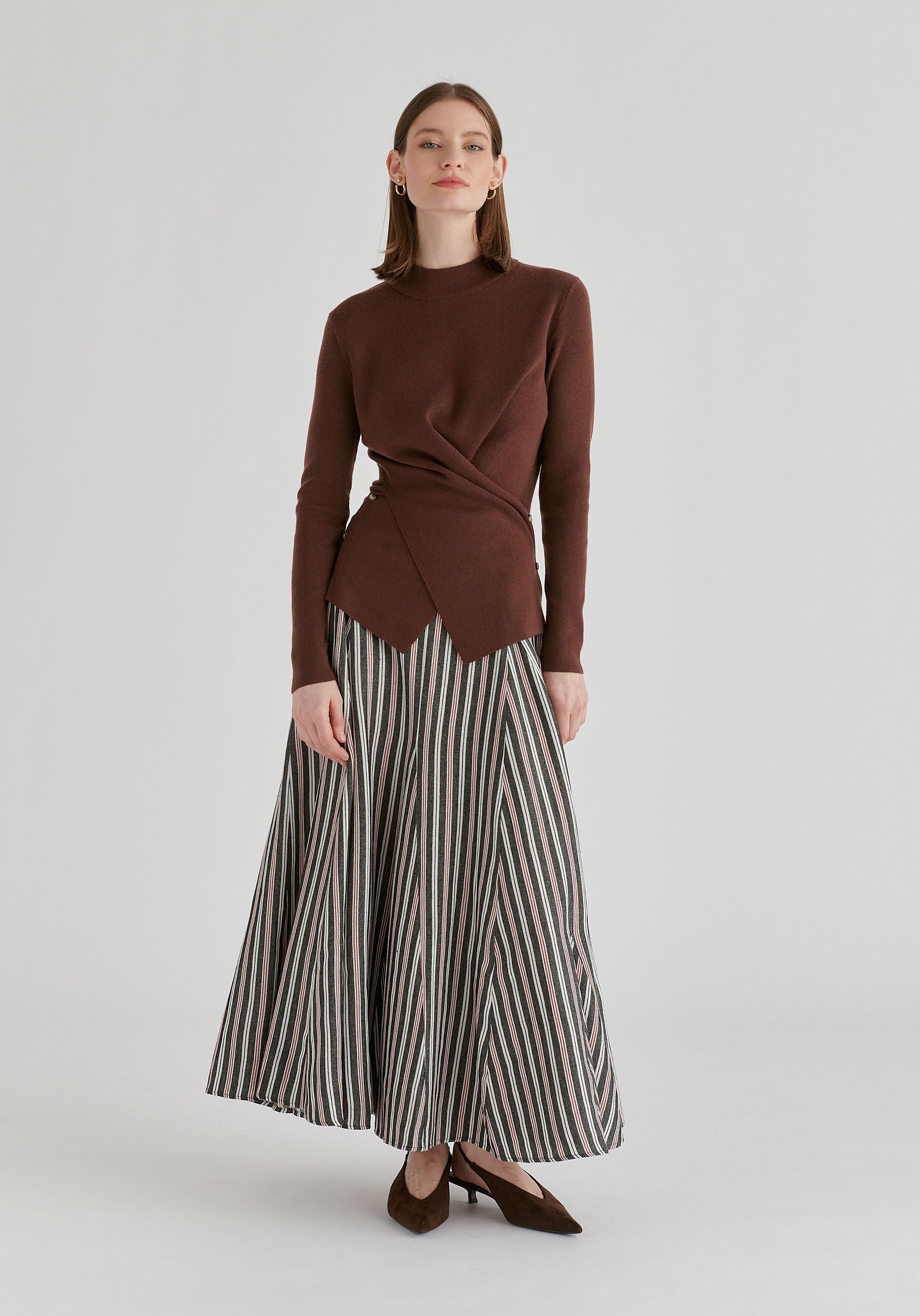 Striped Flared Maxi Skirt with Godet Paneling in Black Stripes Front