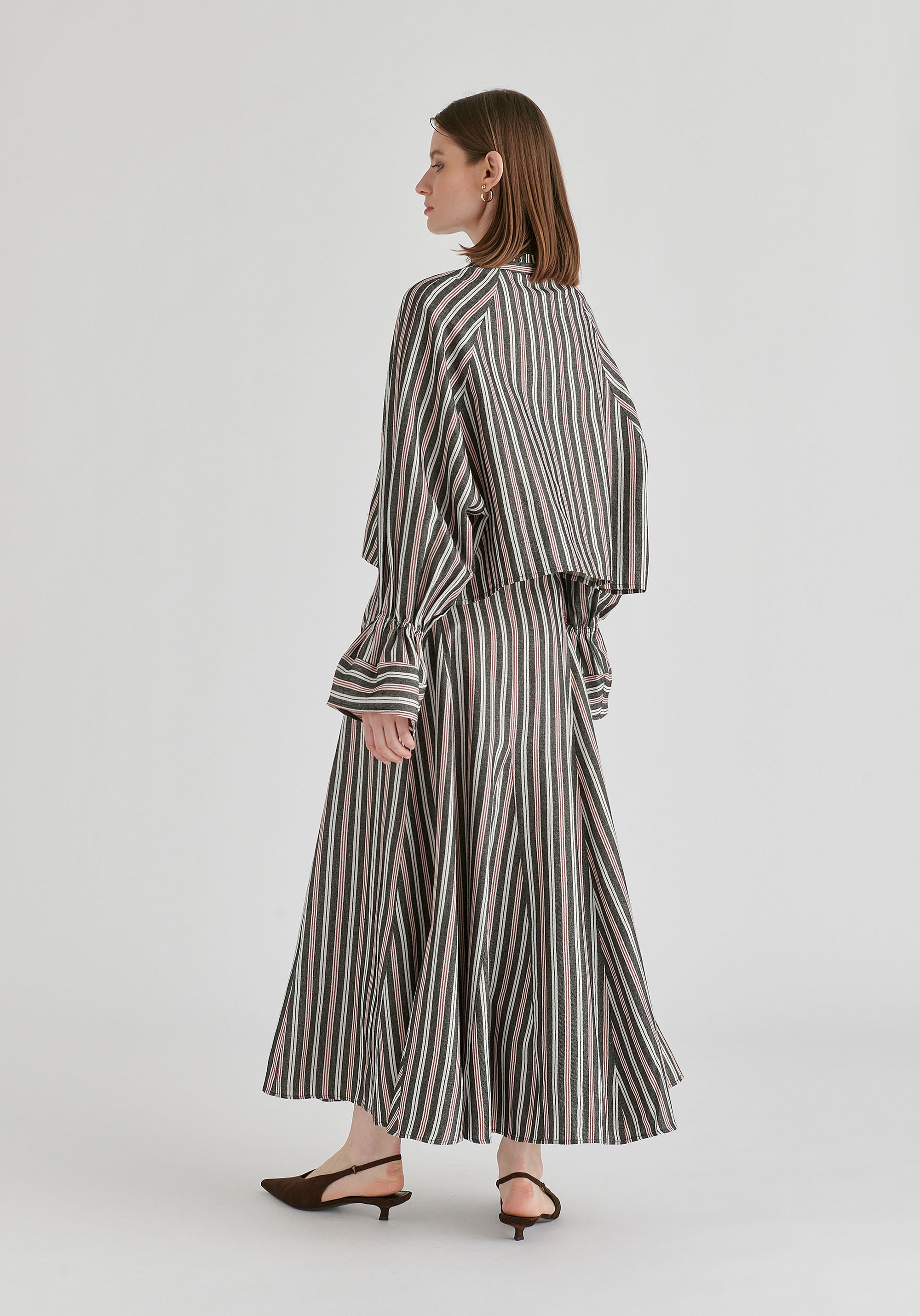 Striped Flared Maxi Skirt with Godet Paneling in Black Stripes Back