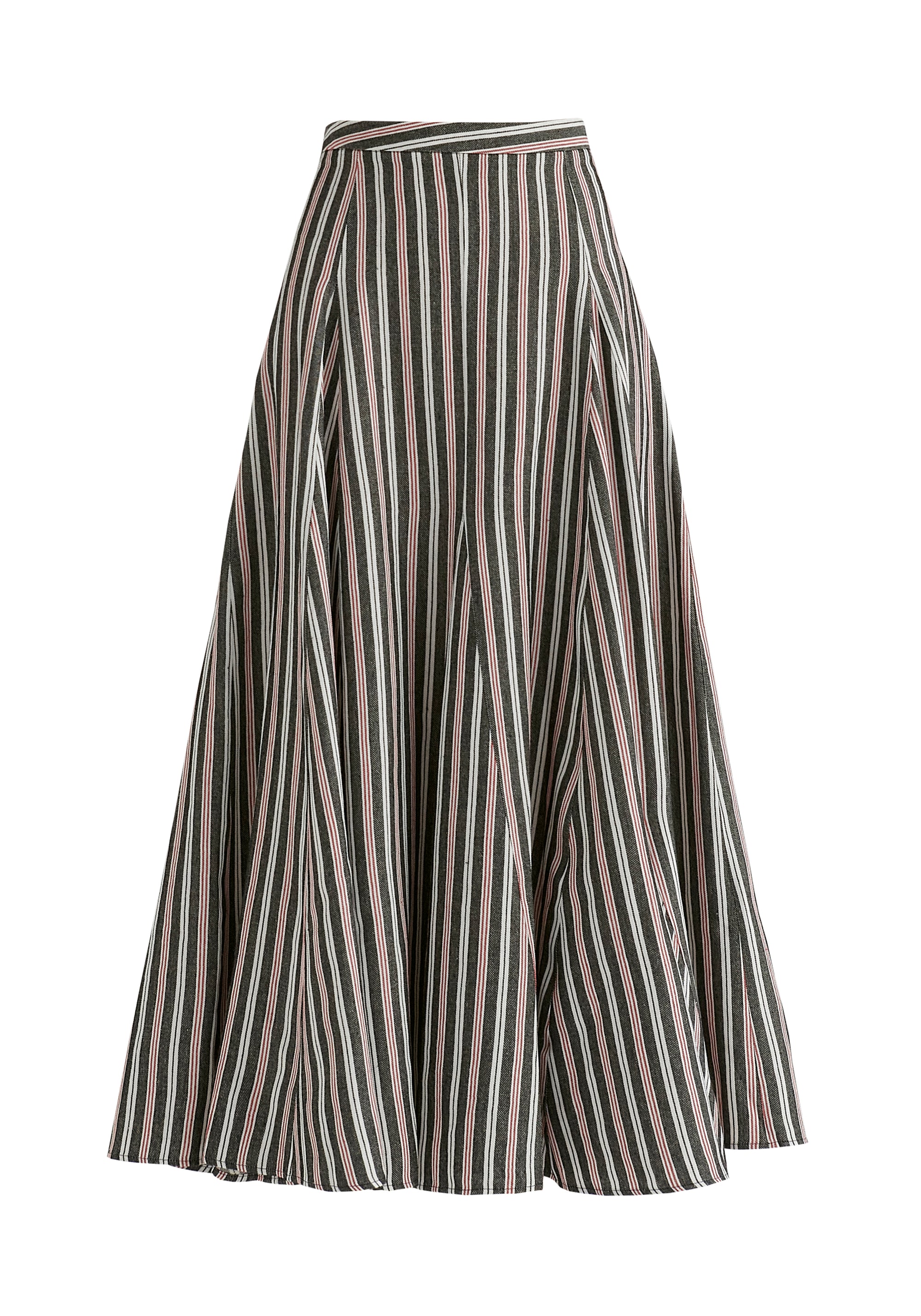 Striped Flared Maxi Skirt with Godet Paneling in Black Stripes Cutout