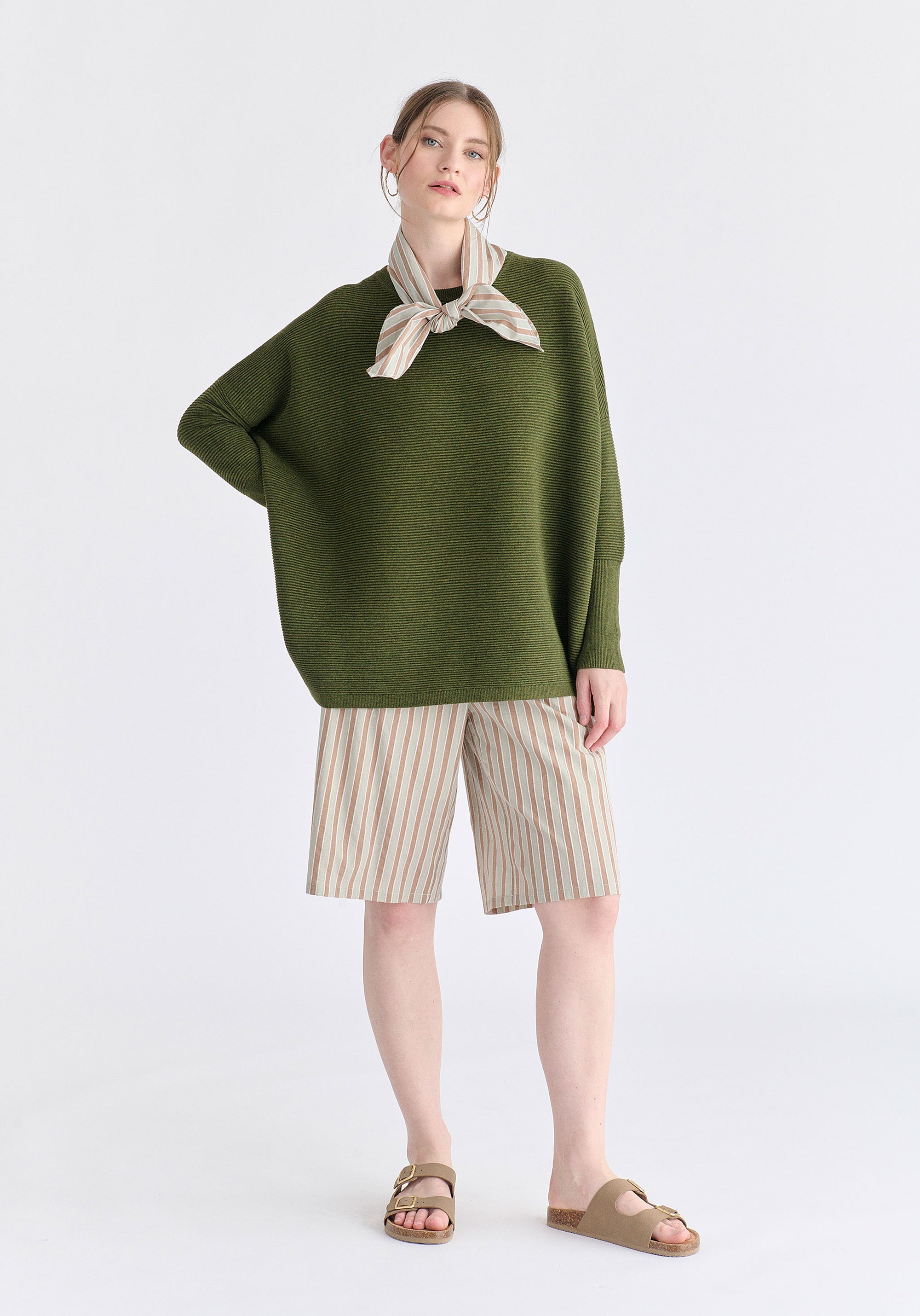 Striped Bermuda Shorts in Taupe and Green Front