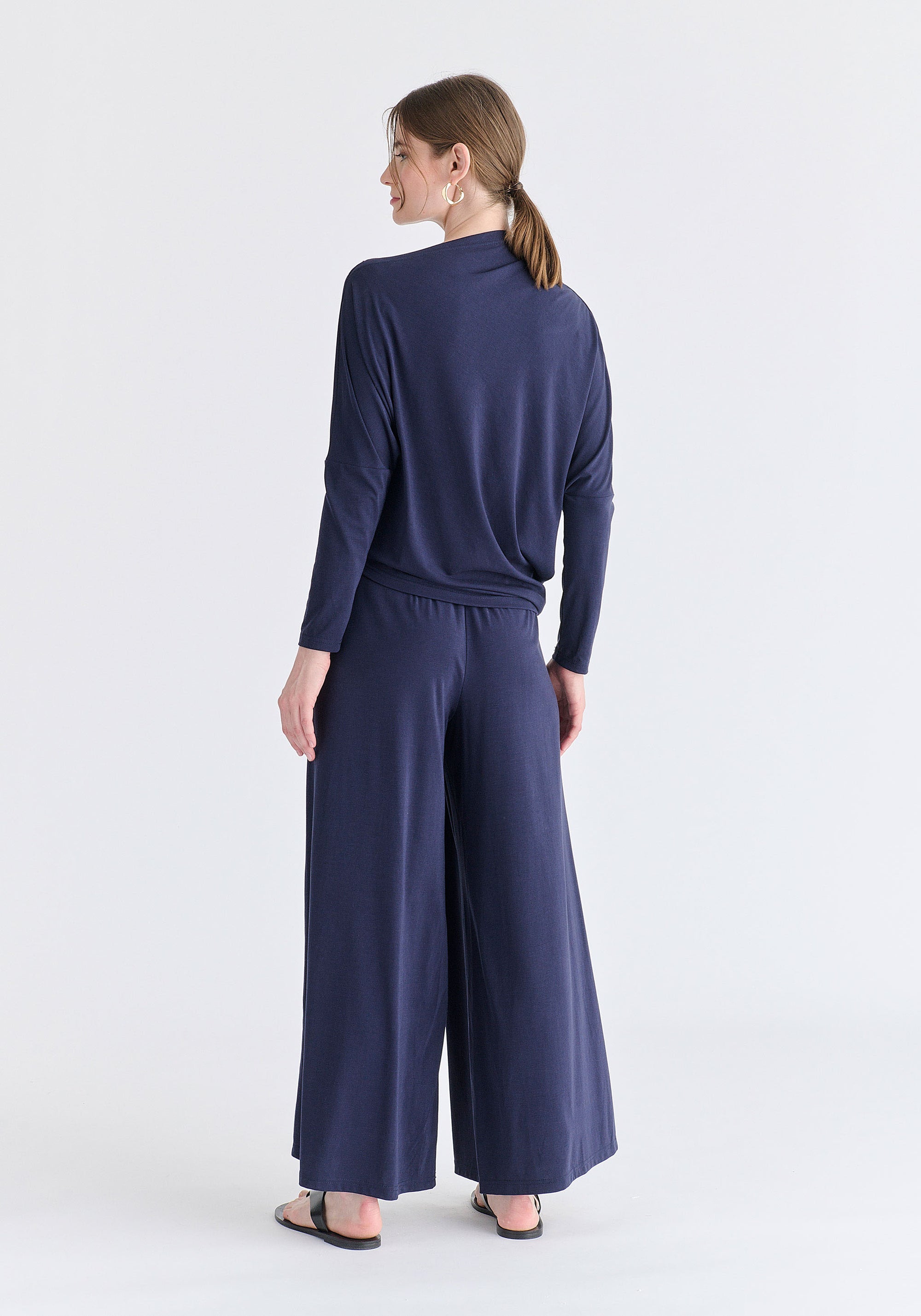 Wide Leg Lyocell Jersey Trousers in Navy Back