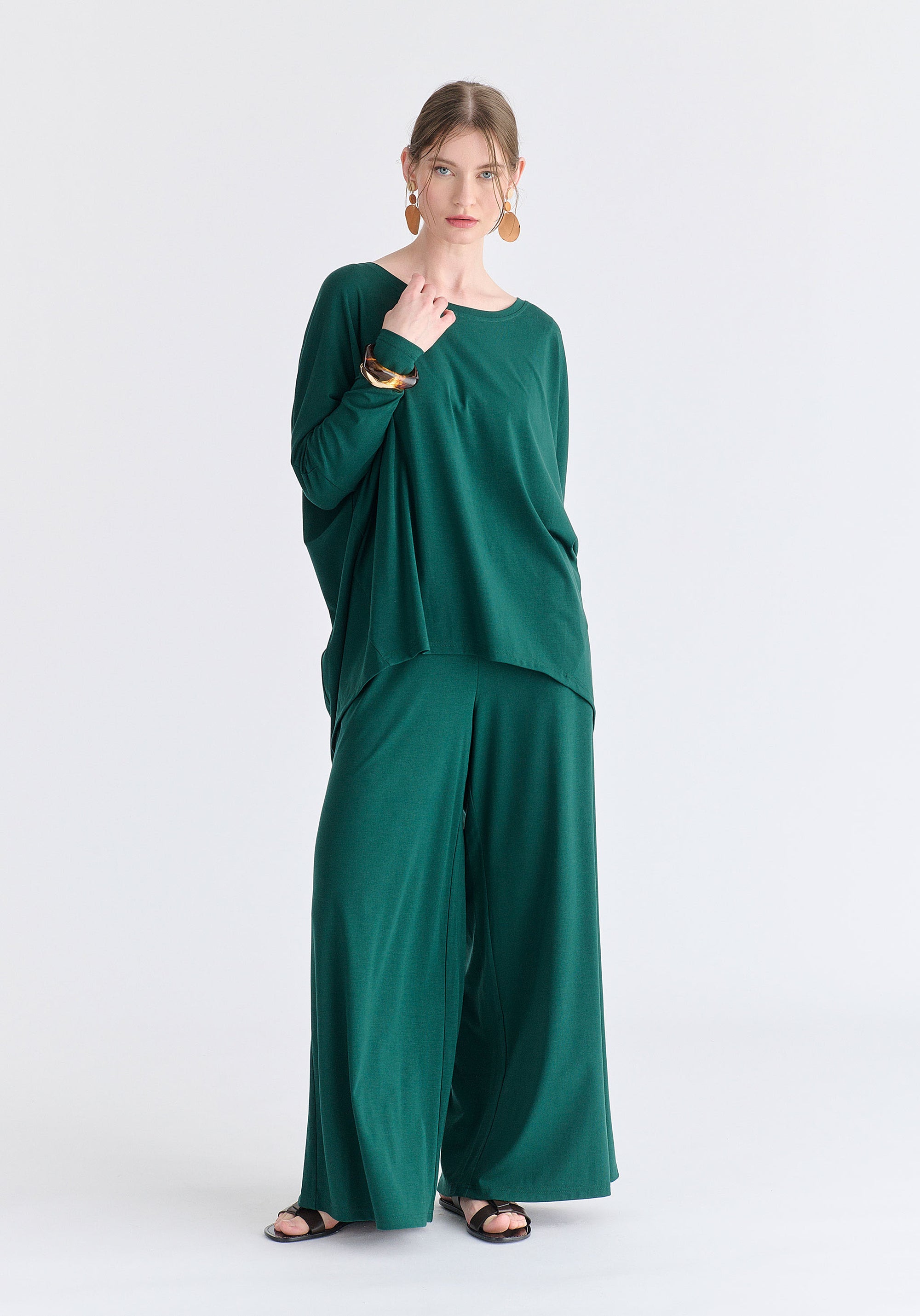 Wide Leg Lyocell Jersey Trousers in Green Front