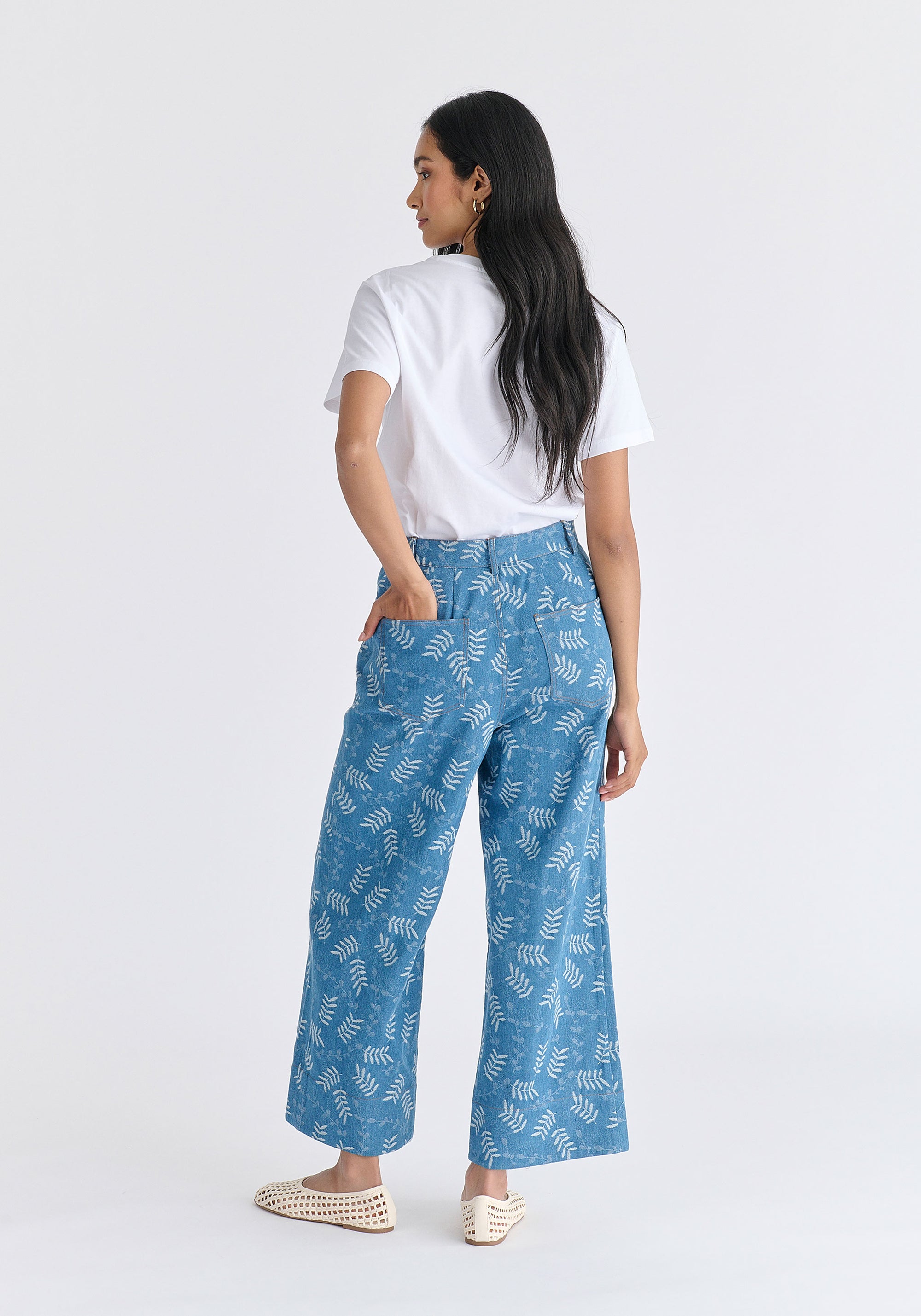 Wide Leg Denim Trousers in Leaf Pattern