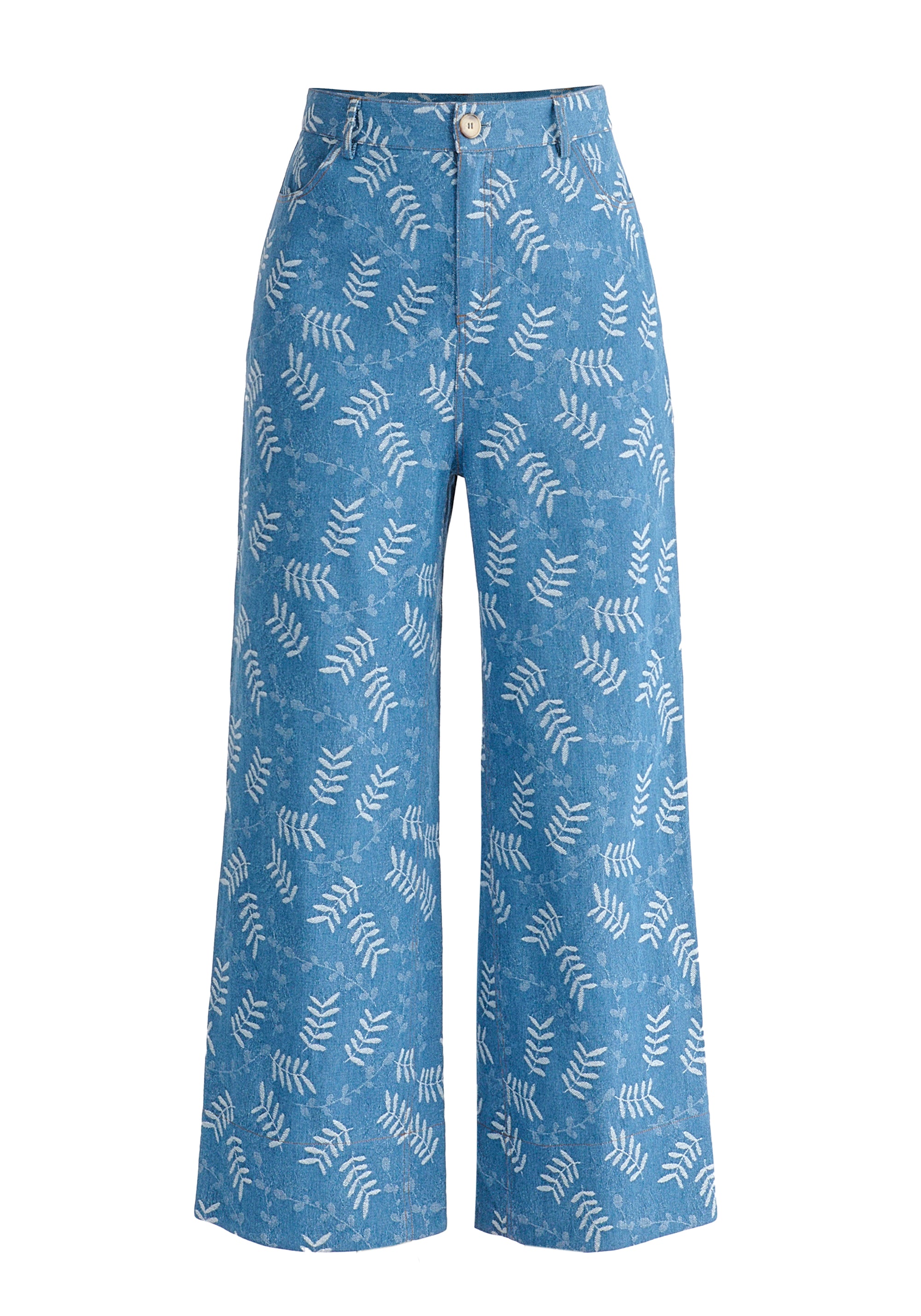Wide Leg Denim Trousers in Leaf Pattern