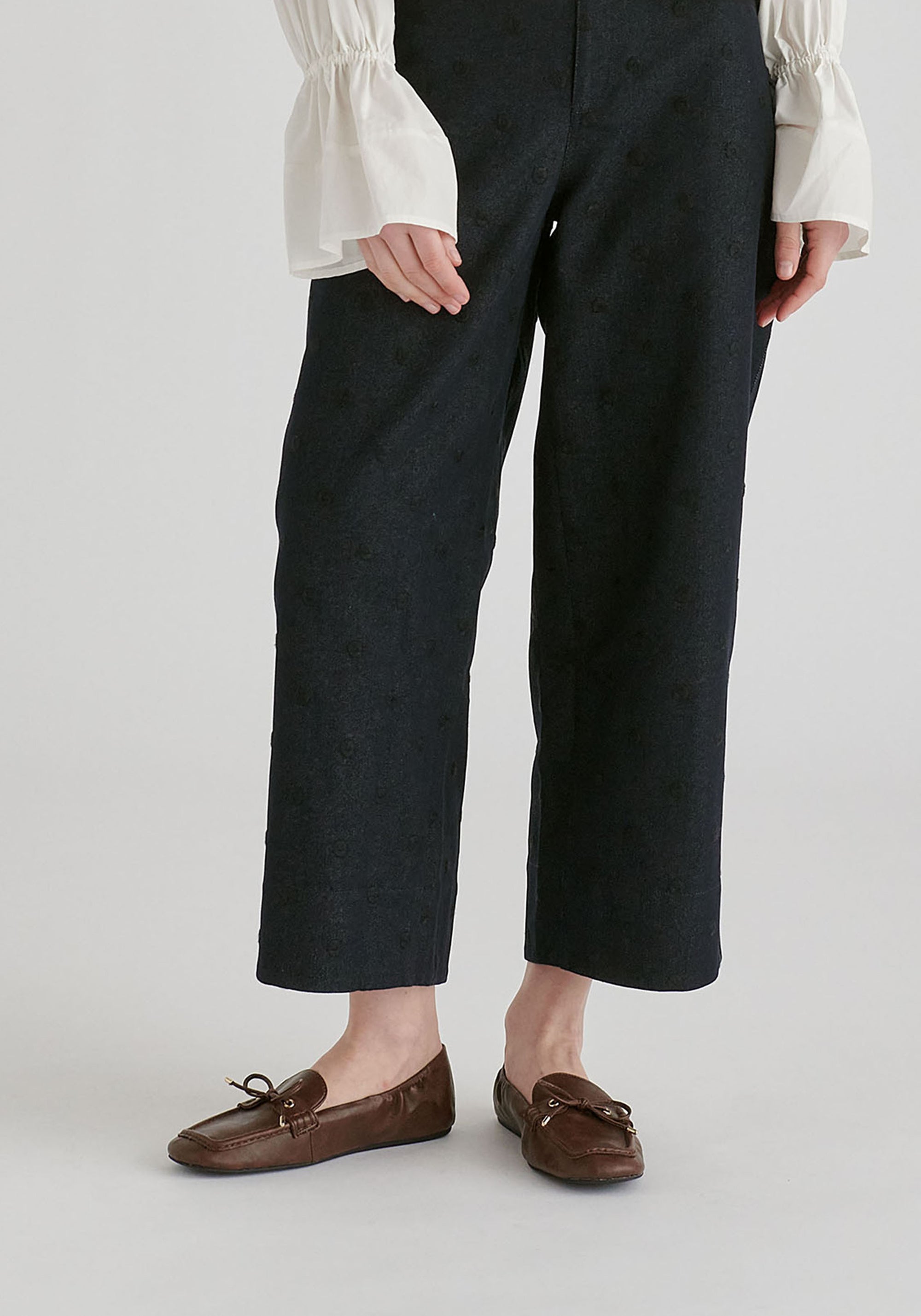 Embroidered Polka Dots Denim Barrel Trousers