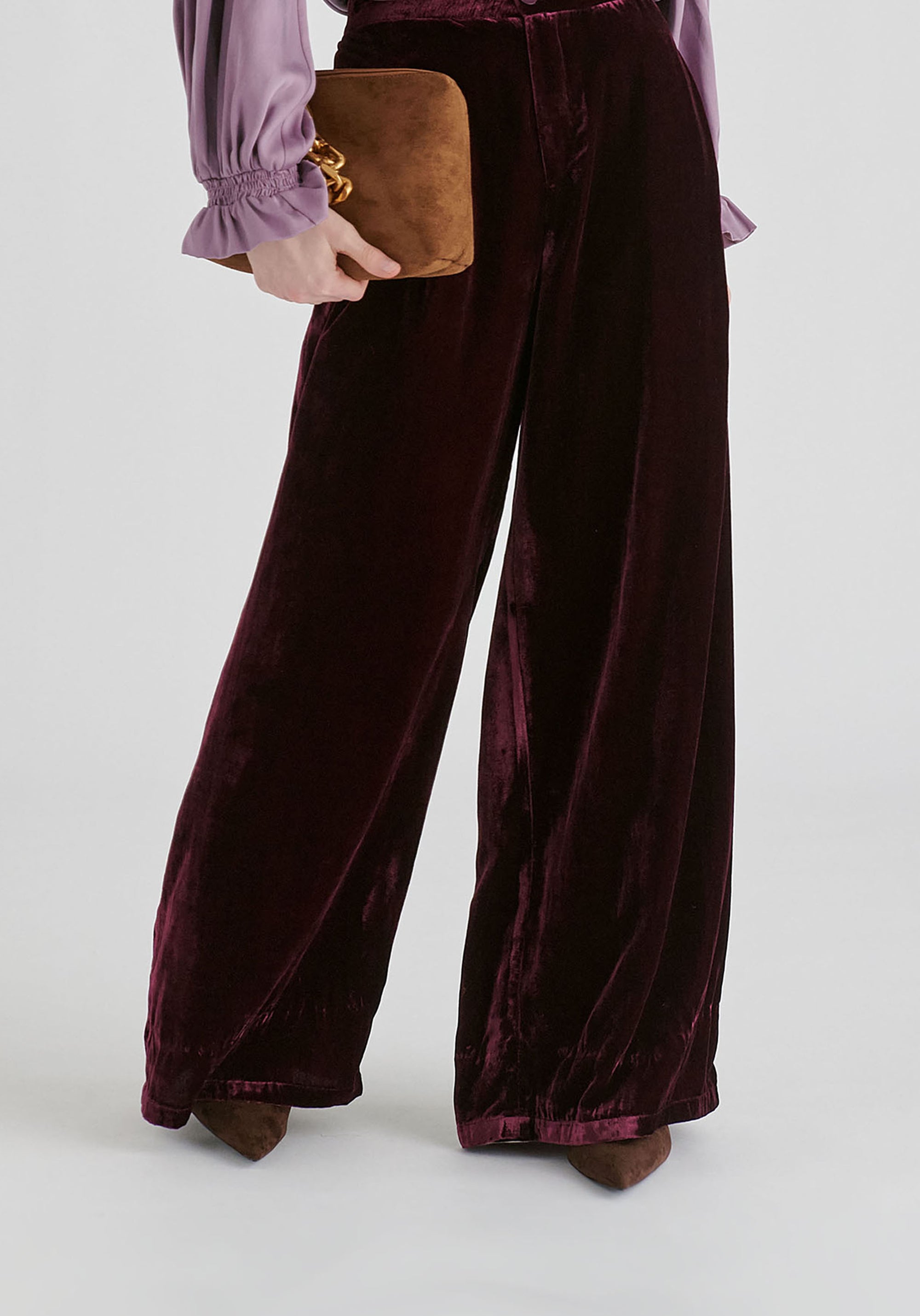 Velvet Wide-Leg Trousers with Separate Elastic Ankle Bands
