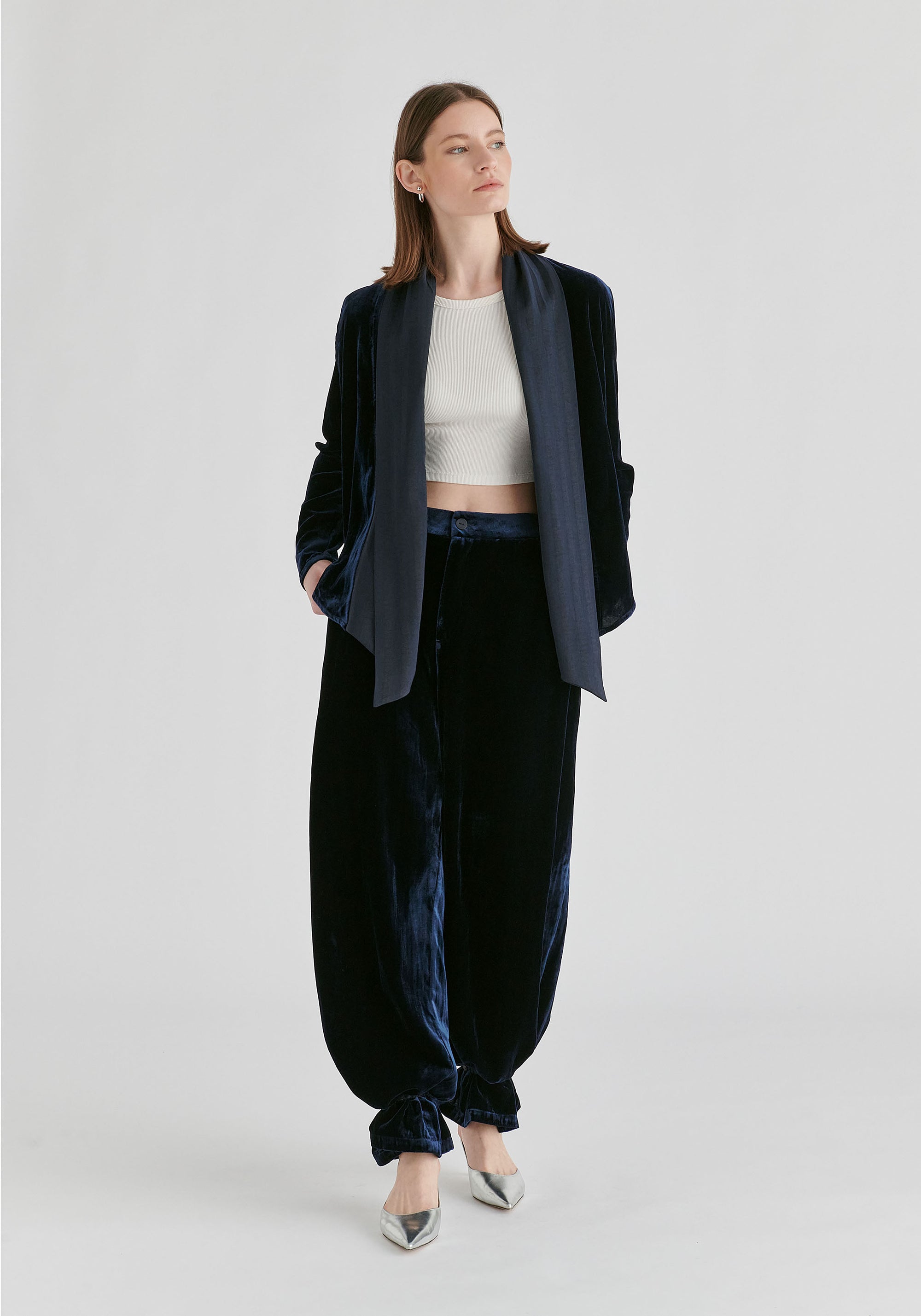 Velvet Wide-Leg Trousers with Separate Elastic Ankle Bands in Navy Front