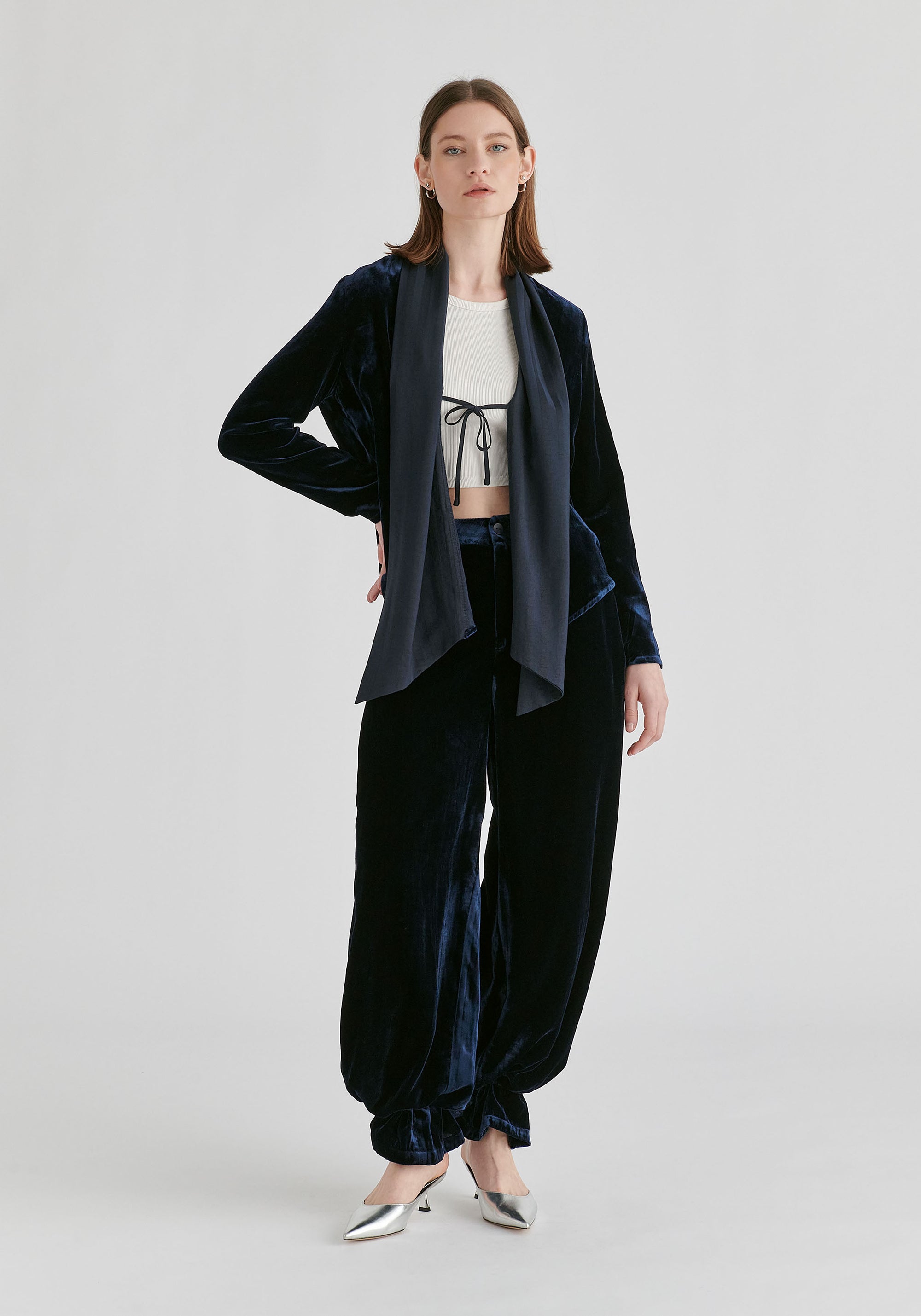 Velvet Wide-Leg Trousers with Separate Elastic Ankle Bands in Navy Front