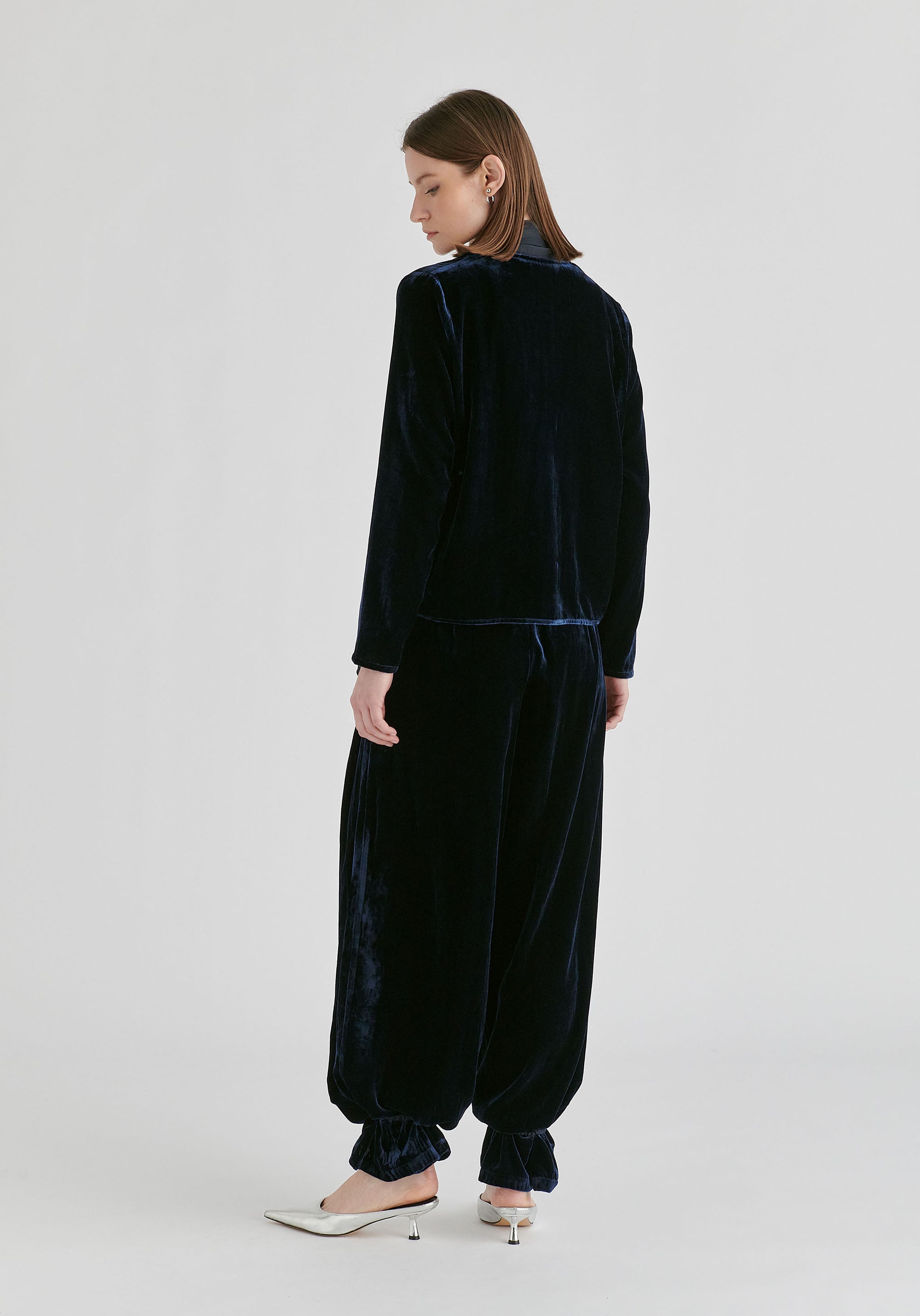 Velvet Wide-Leg Trousers with Separate Elastic Ankle Bands in Navy Back