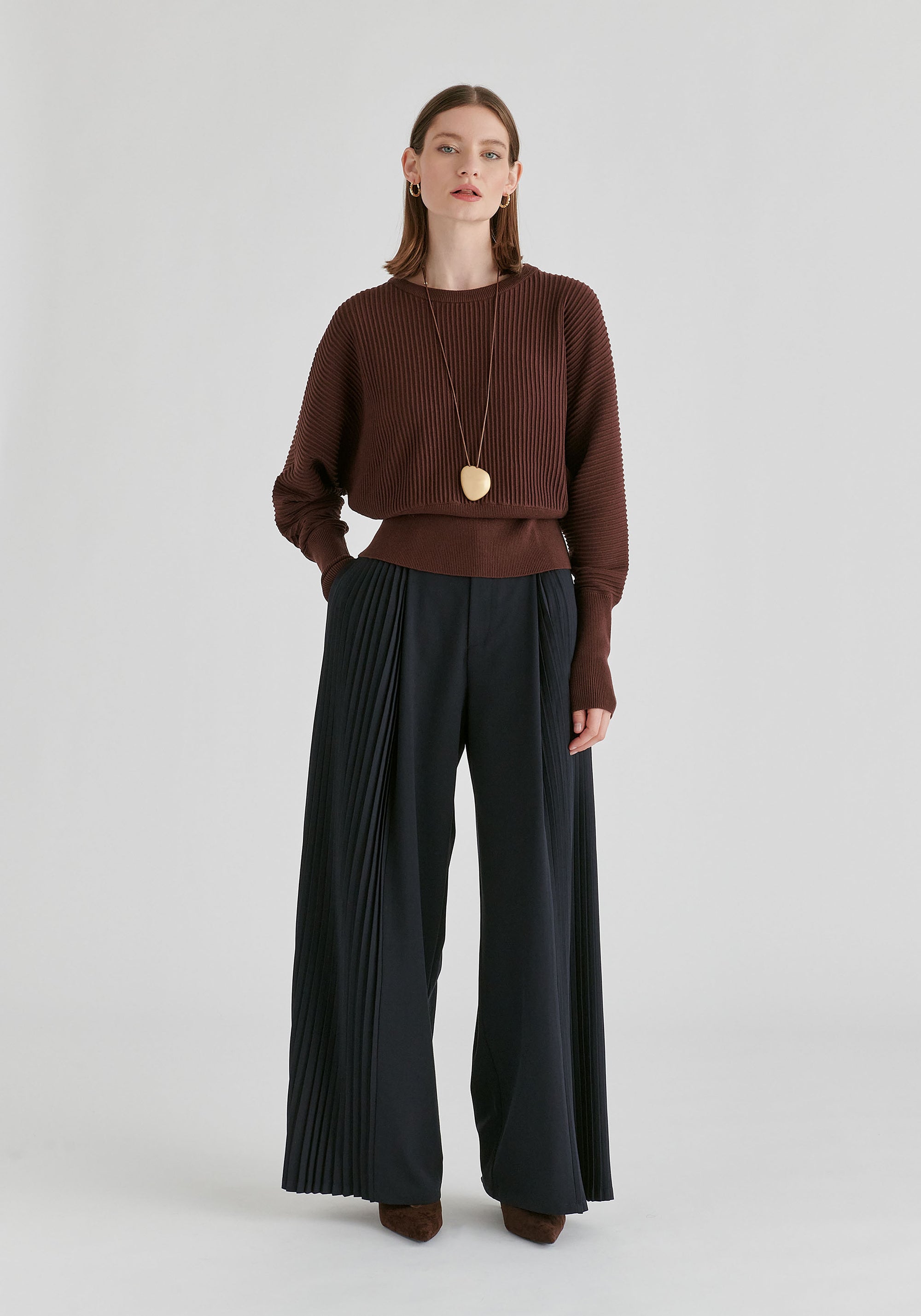 High Waisted Wide Leg Tailored Trousers with Pleated Side Panels