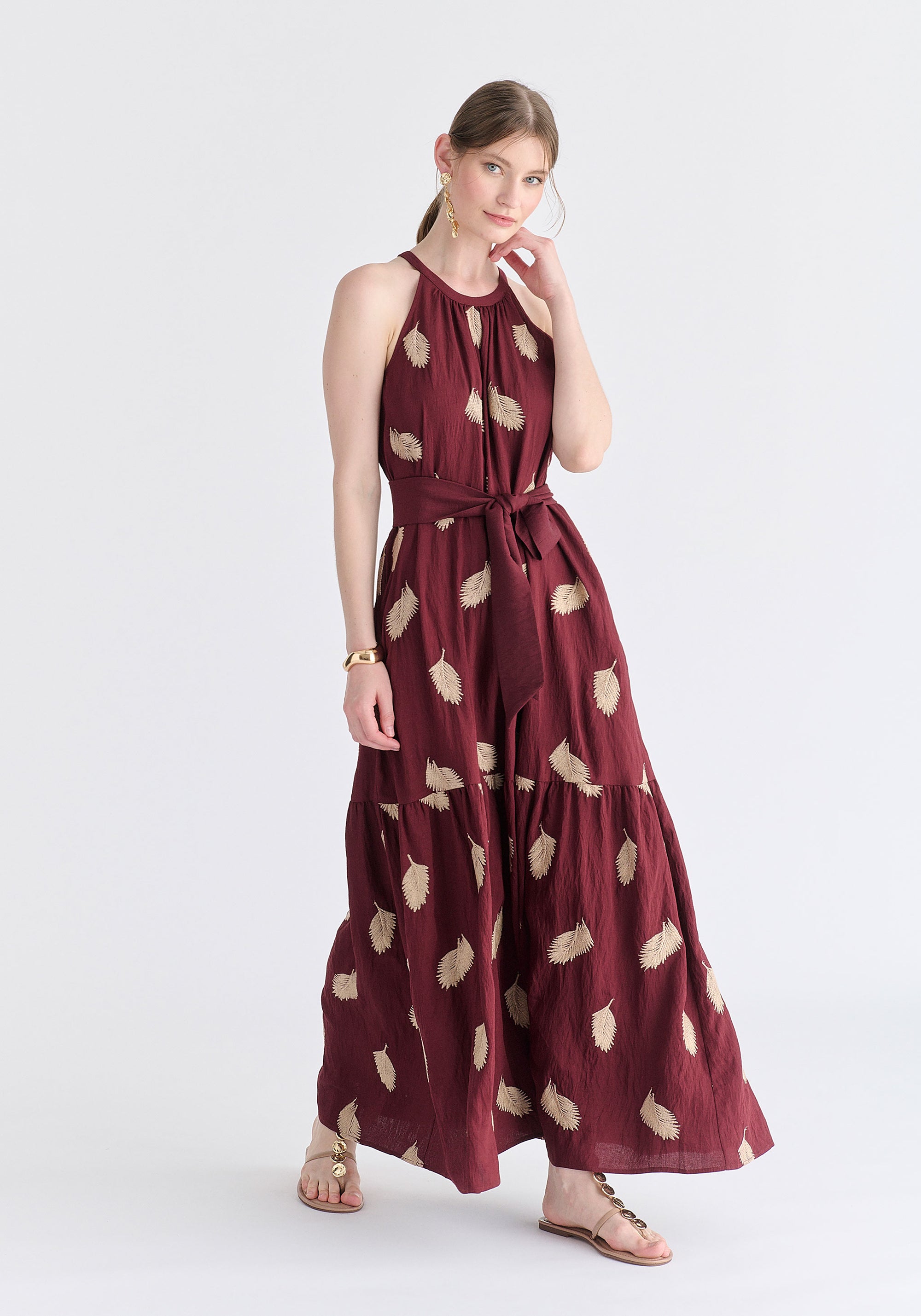 Leaf Embroidered Halterneck Maxi Dress in Burgundy Side