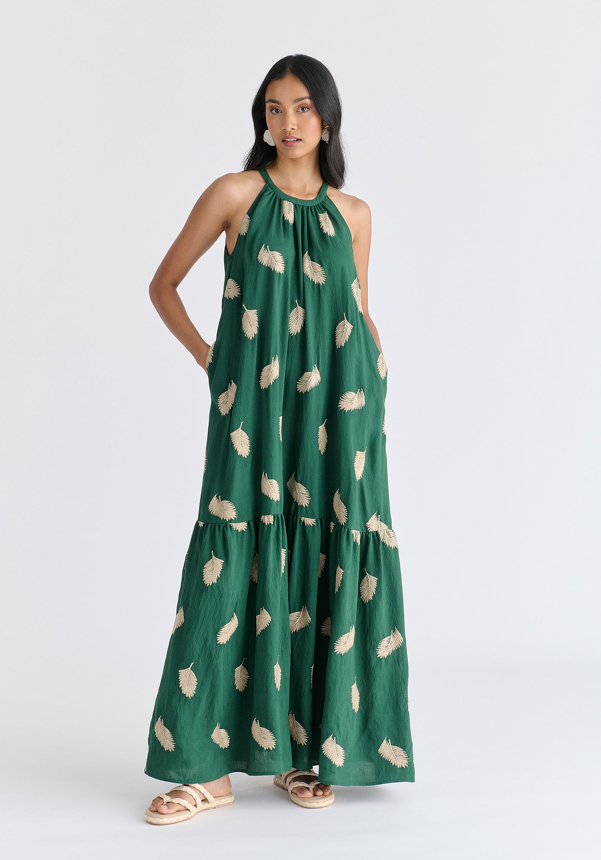 Leaf Embroidered Halterneck Maxi Dress in Green Front