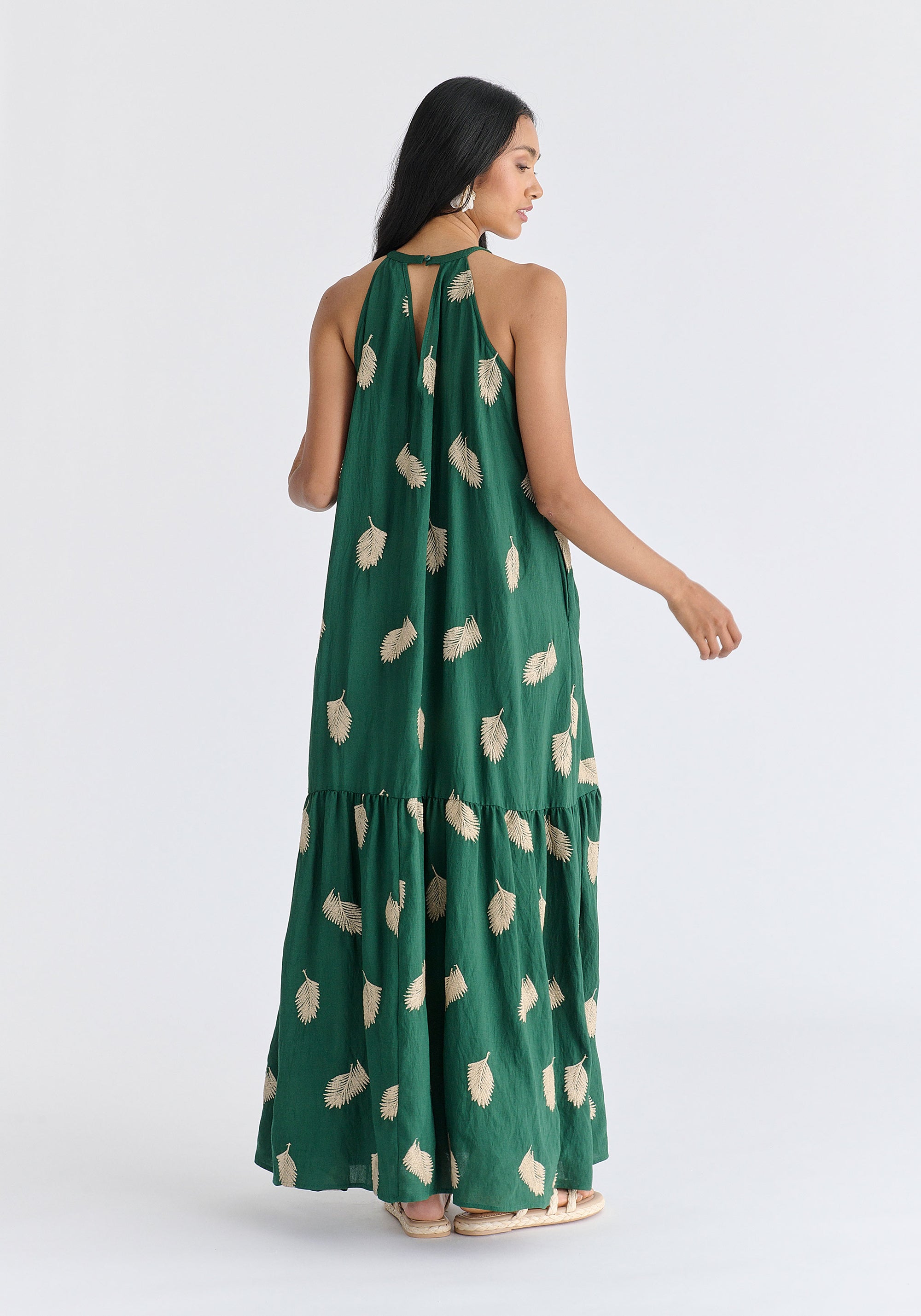 Leaf Embroidered Halterneck Maxi Dress in Green Back