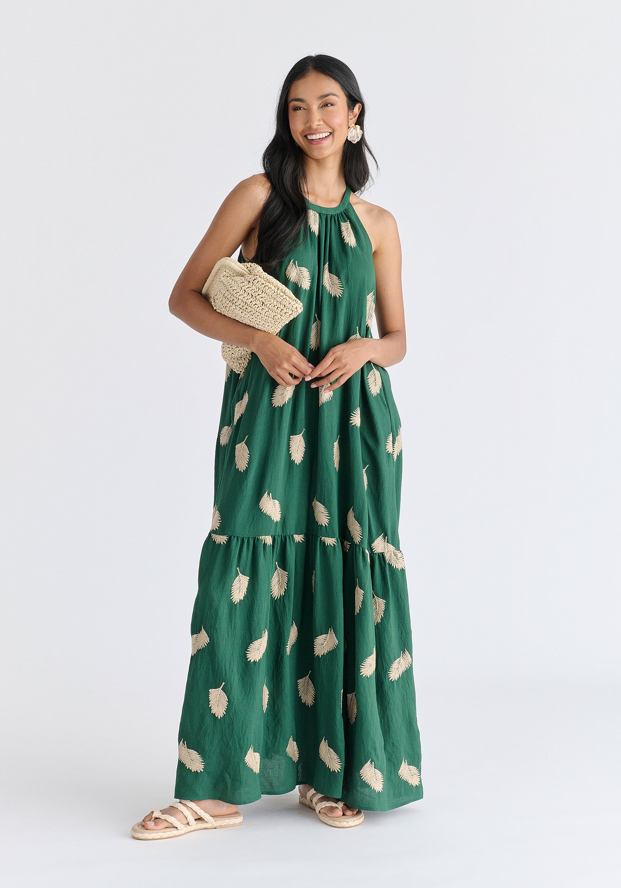Leaf Embroidered Halterneck Maxi Dress in Green Front