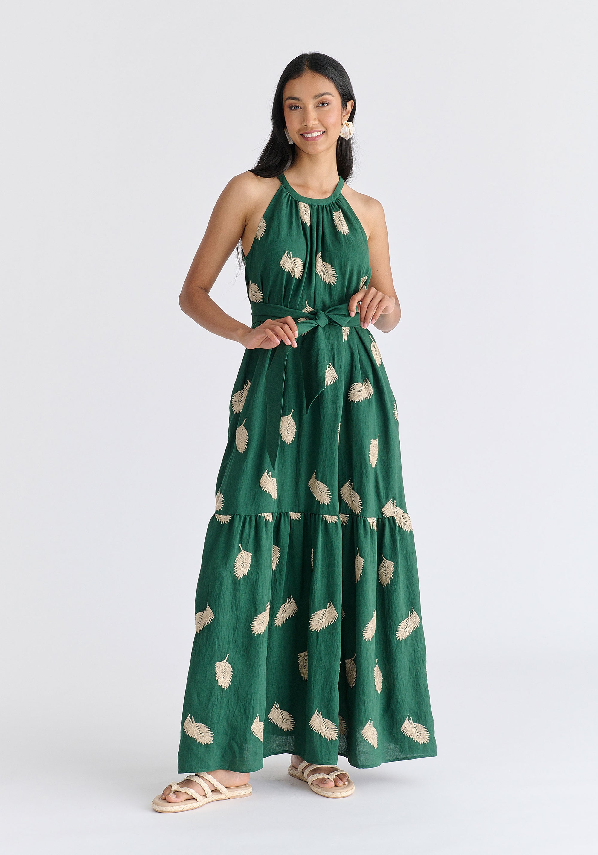 Leaf Embroidered Halterneck Maxi Dress in Green Front