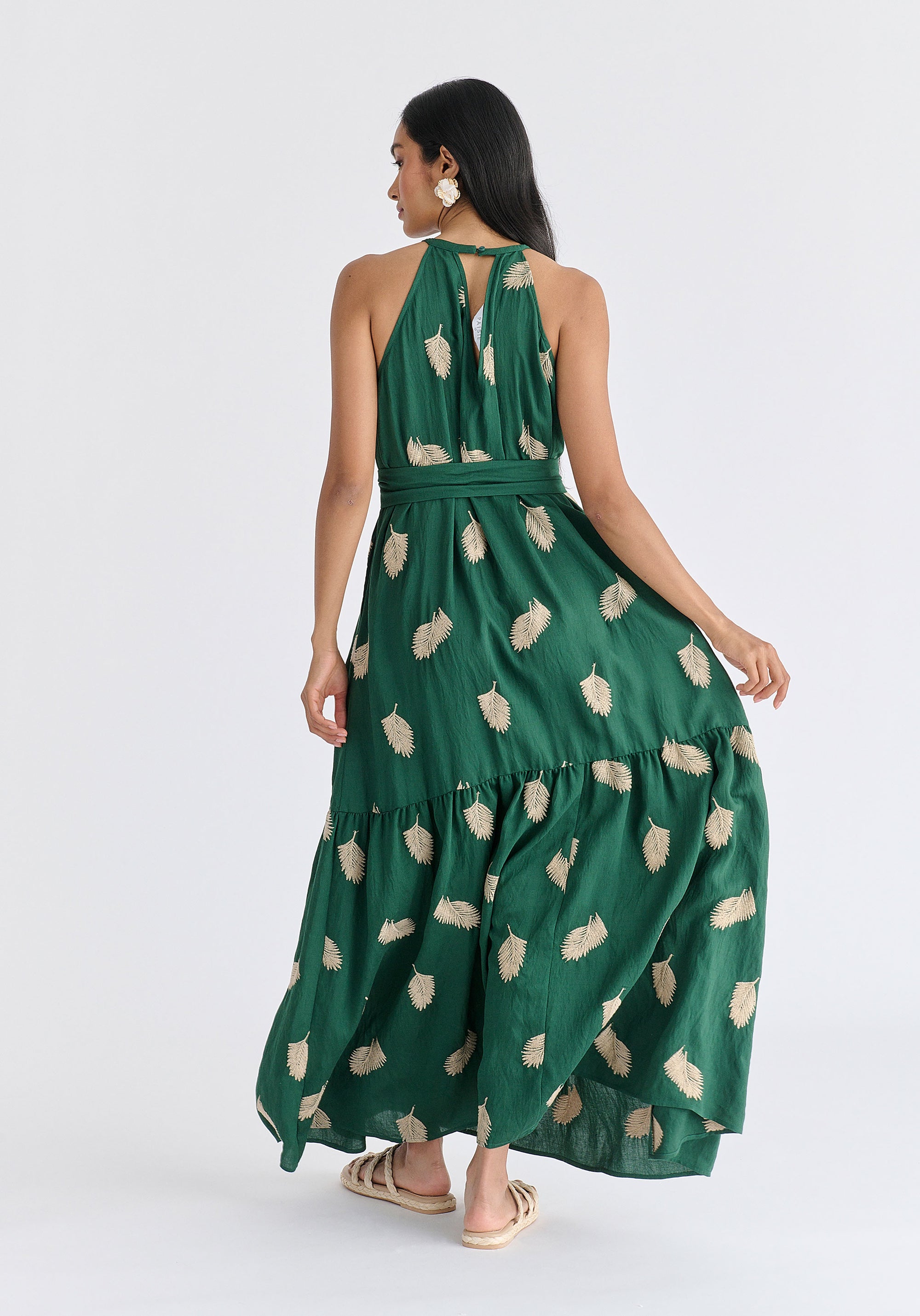 Leaf Embroidered Halterneck Maxi Dress in Green Back