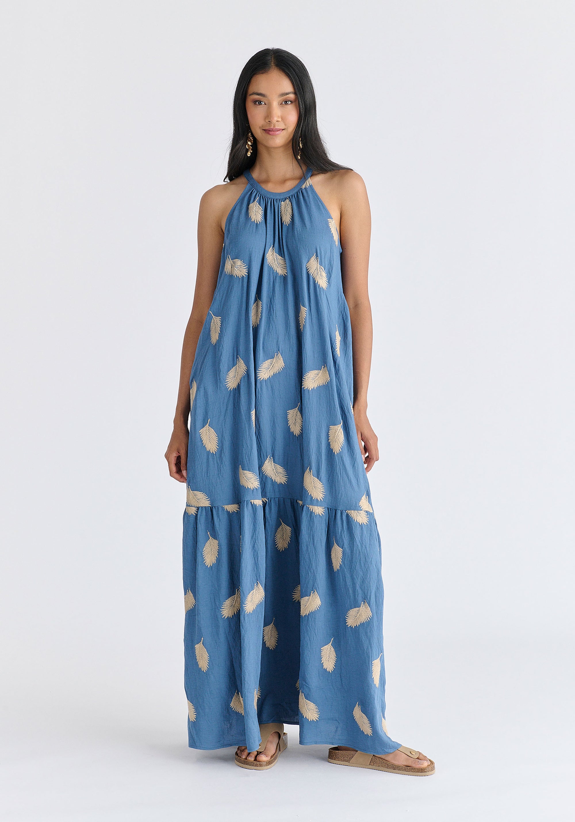 Leaf Embroidered Halterneck Maxi Dress in Blue Front