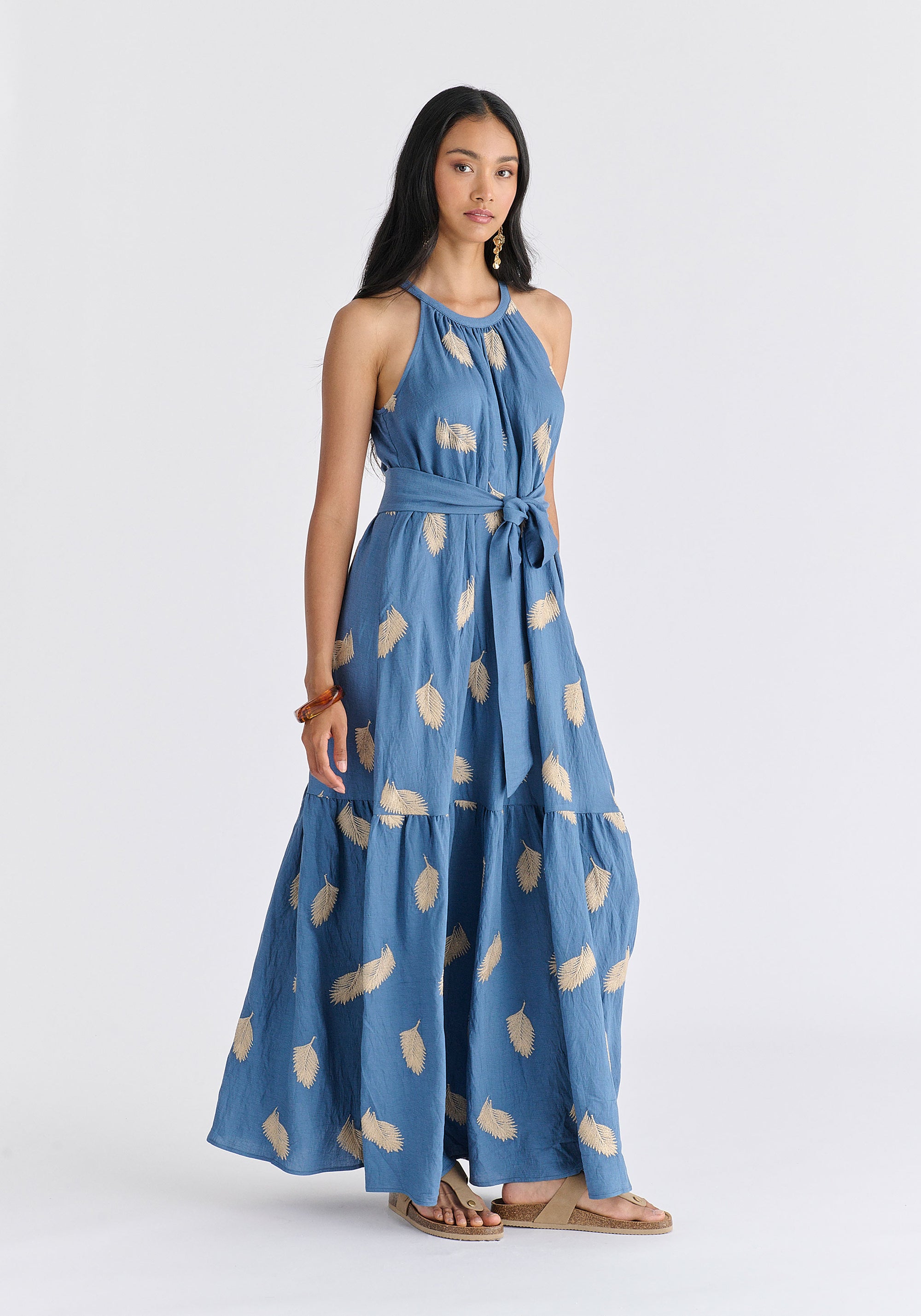 Leaf Embroidered Halterneck Maxi Dress in Blue Front