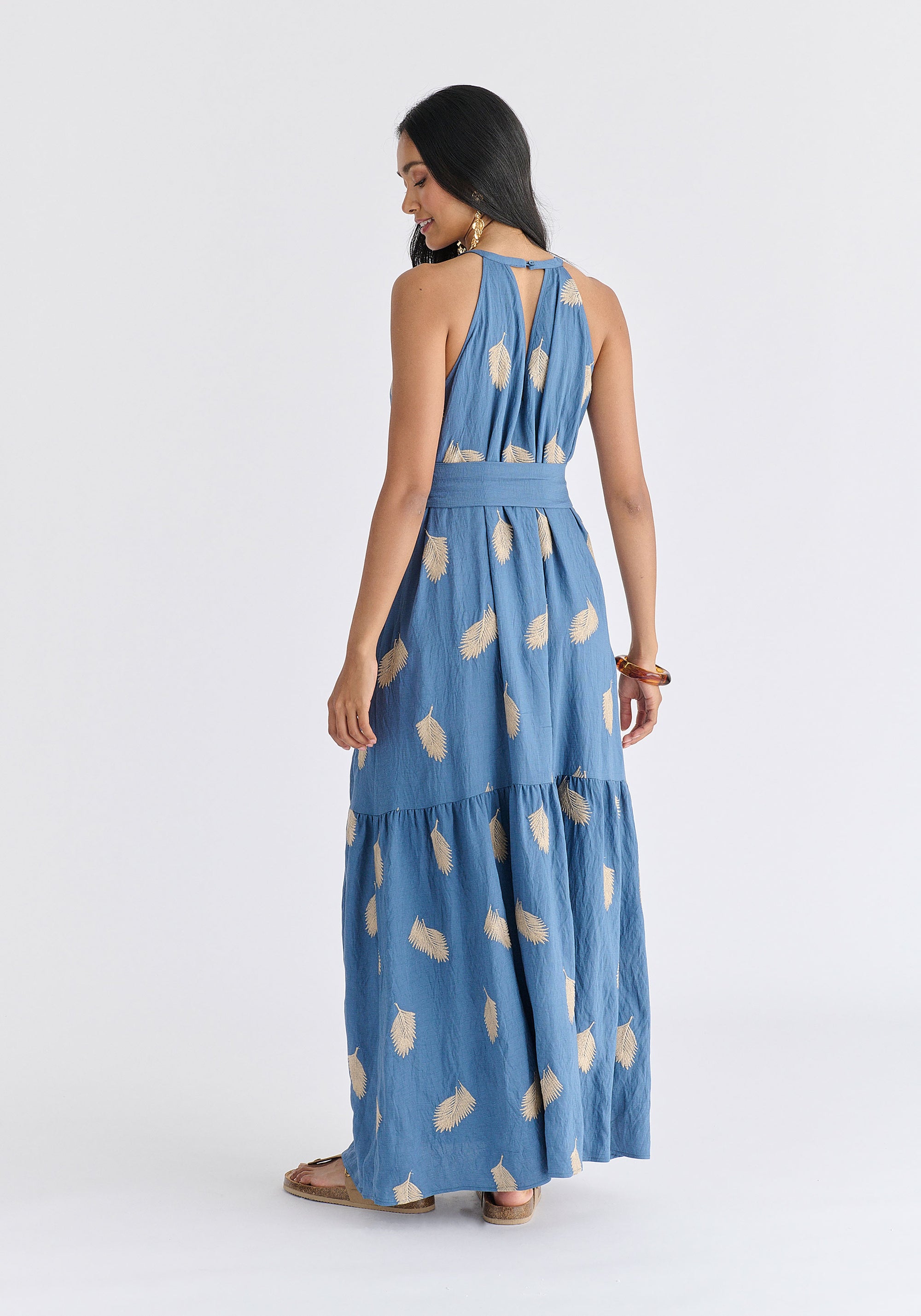 Leaf Embroidered Halterneck Maxi Dress in Blue Back