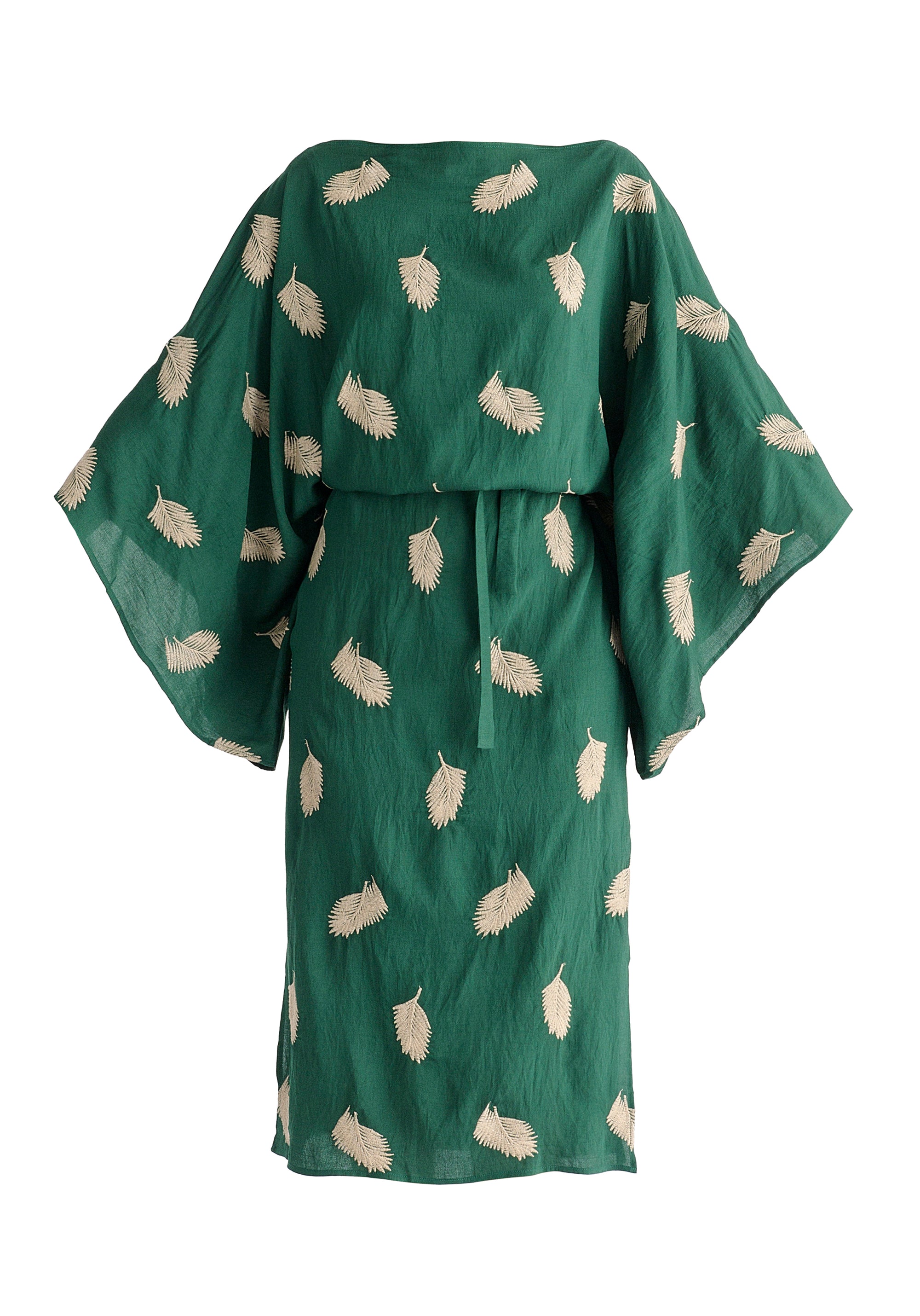 Leaf Embroidered Kimono Sleeves Midi Dress in Green Cutout