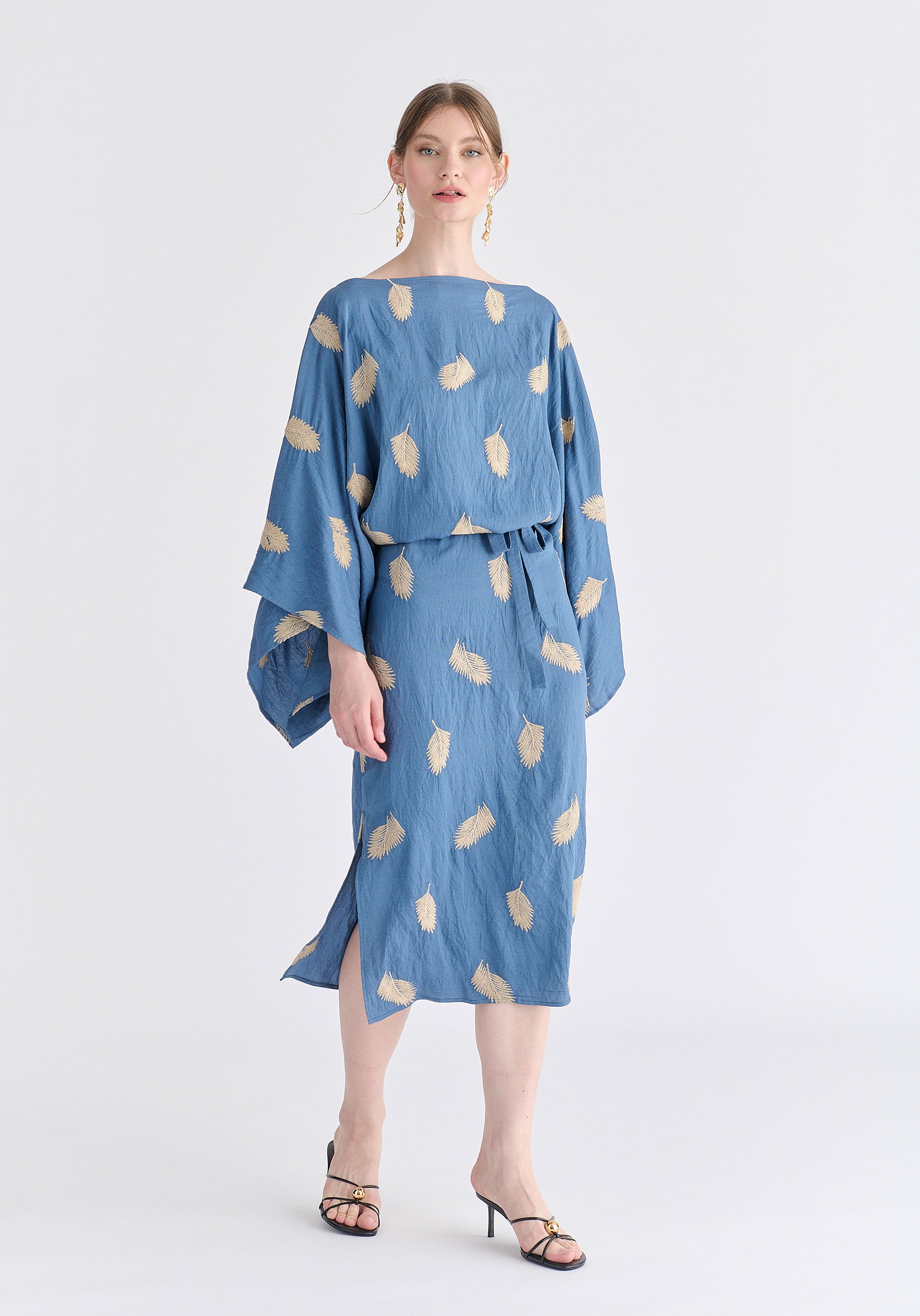 midi dress and kimono Leaf Embroidered Kimono Sleeves Midi Dress in Blue