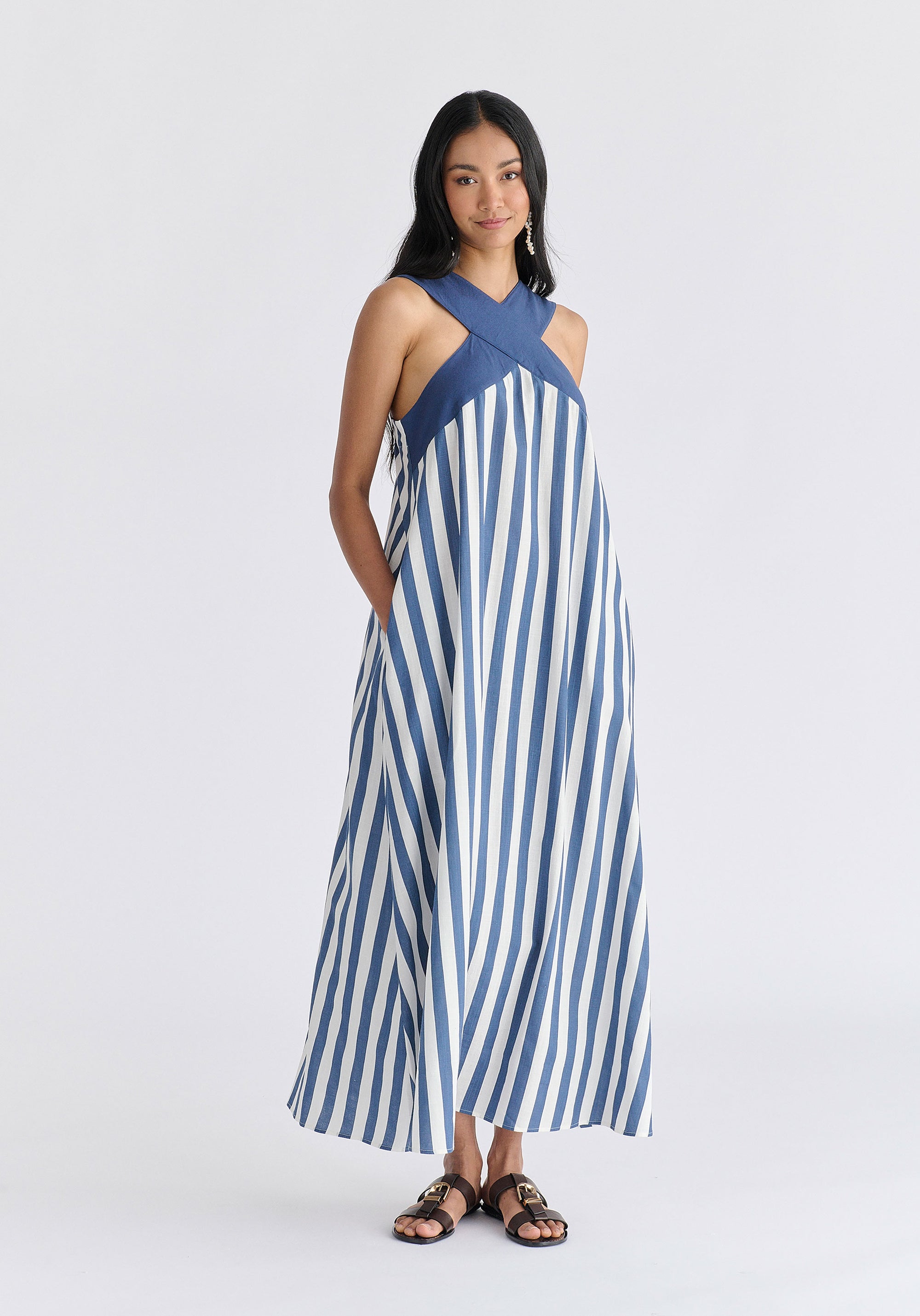 Cross Strap Halterneck Maxi Dress in Blue and White Front