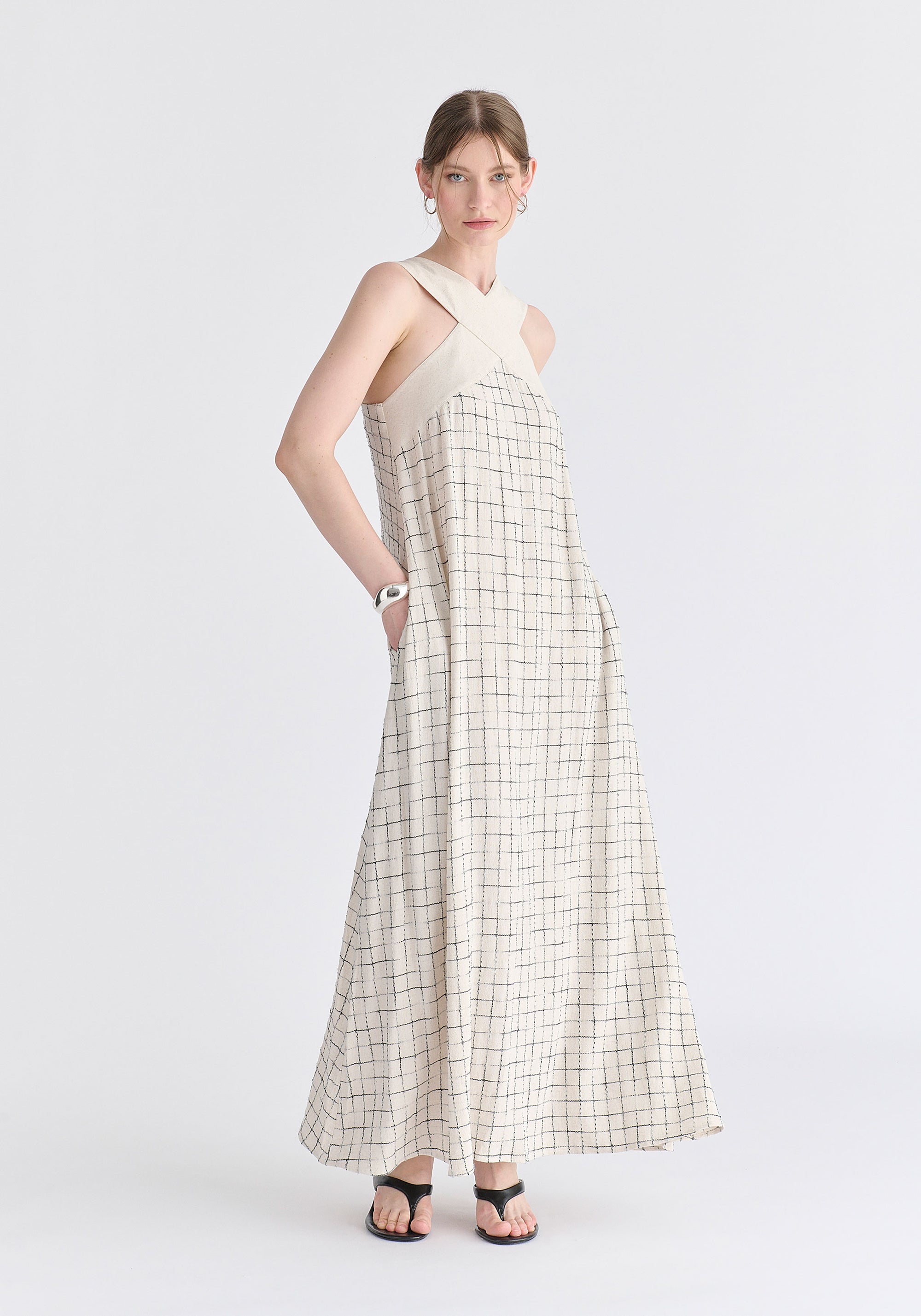 Cross Strap Halterneck Maxi Dress in Oatmeal and Black Front