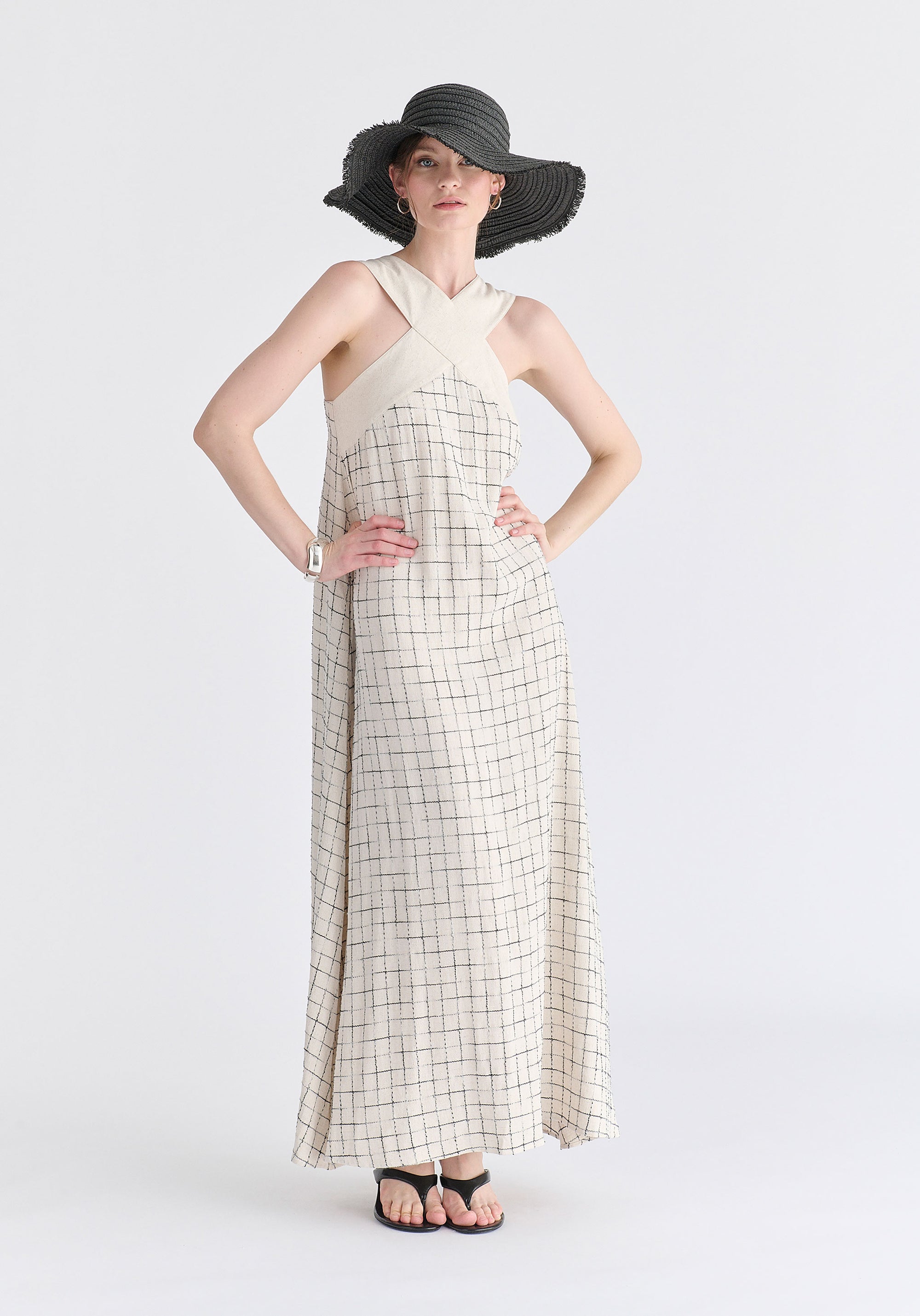 Cross Strap Halterneck Maxi Dress in Oatmeal and Black Front