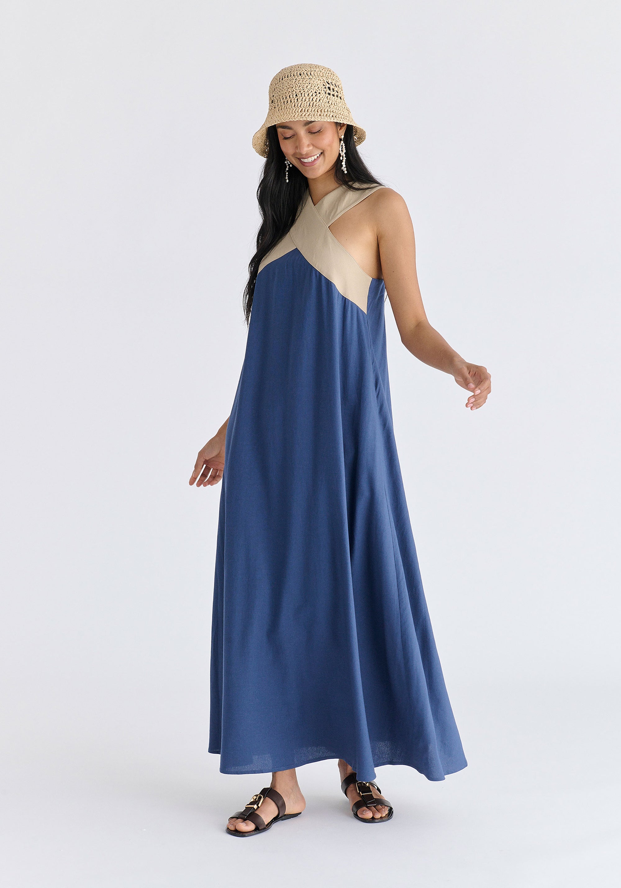Cross Strap Halterneck Maxi Dress in Blue and Taupe Side