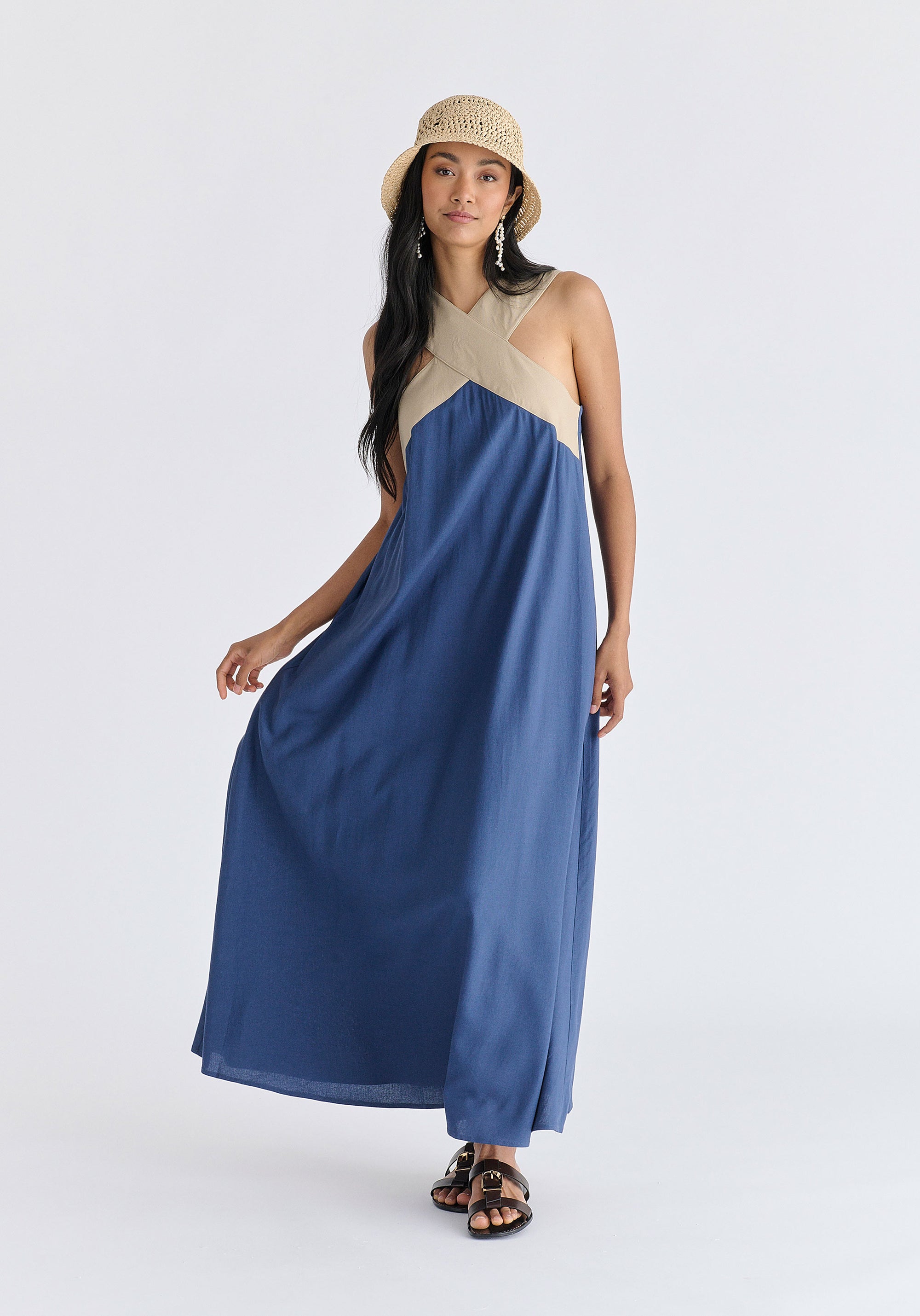 Cross Strap Halterneck Maxi Dress in Blue and Taupe Front