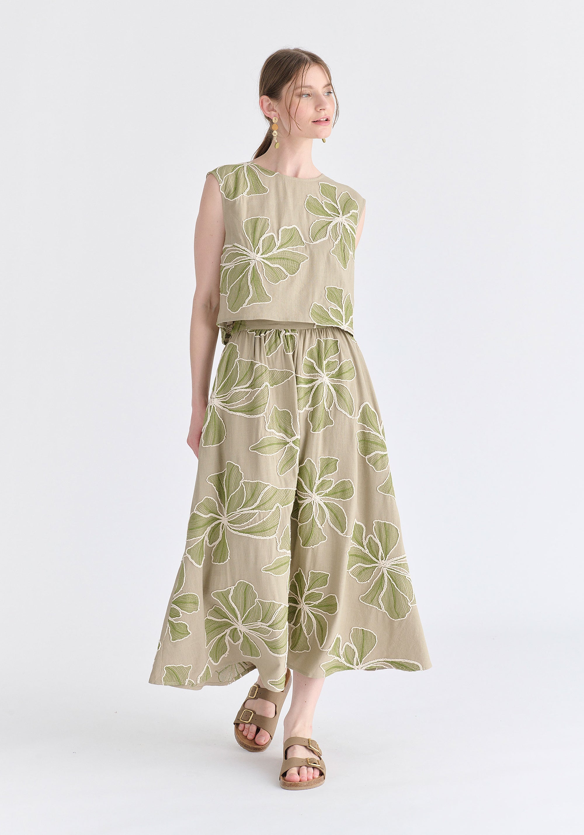 Floral Embroidered Cropped Top in Green Front