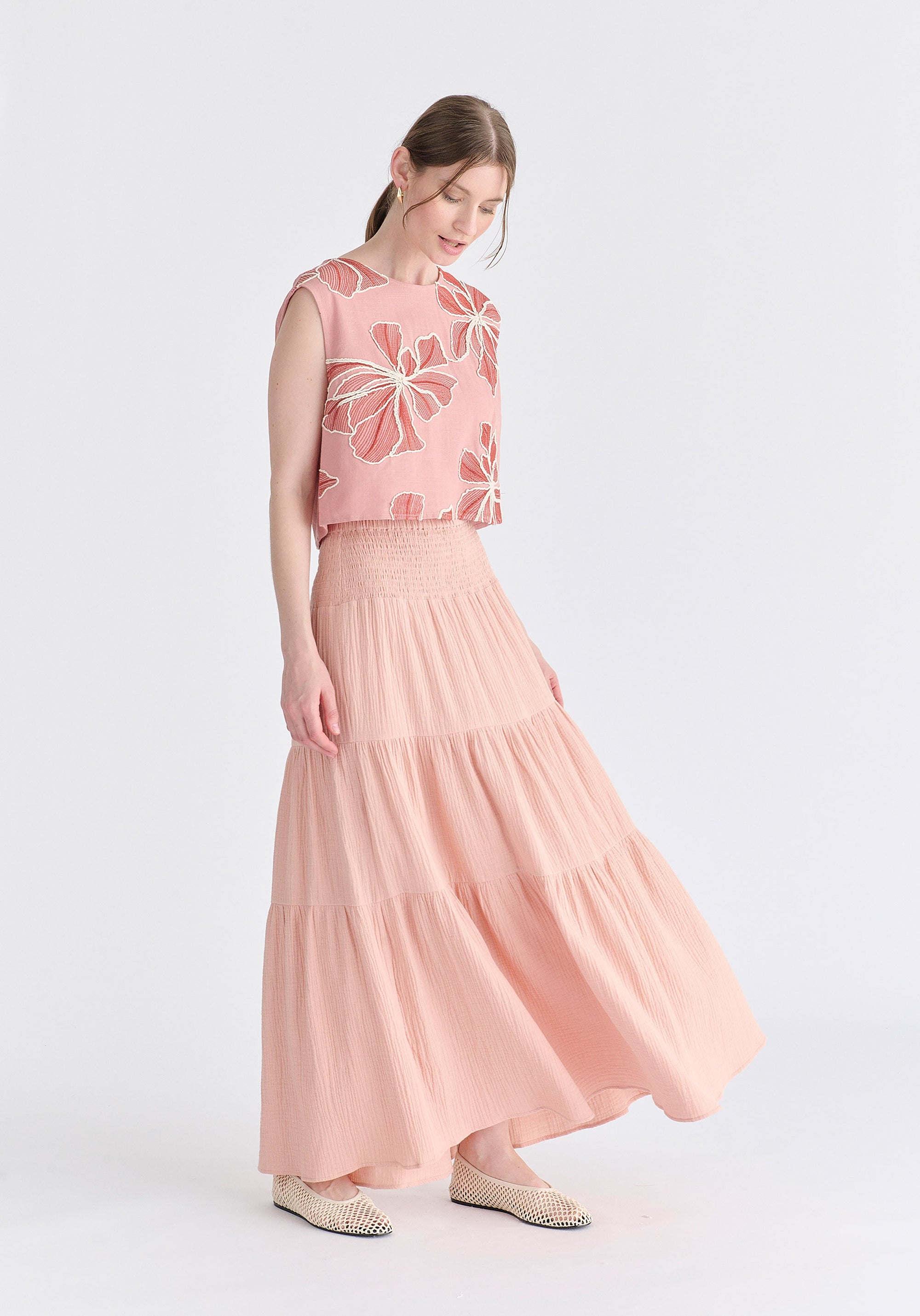 Floral Embroidered Cropped Top in Pink Side 