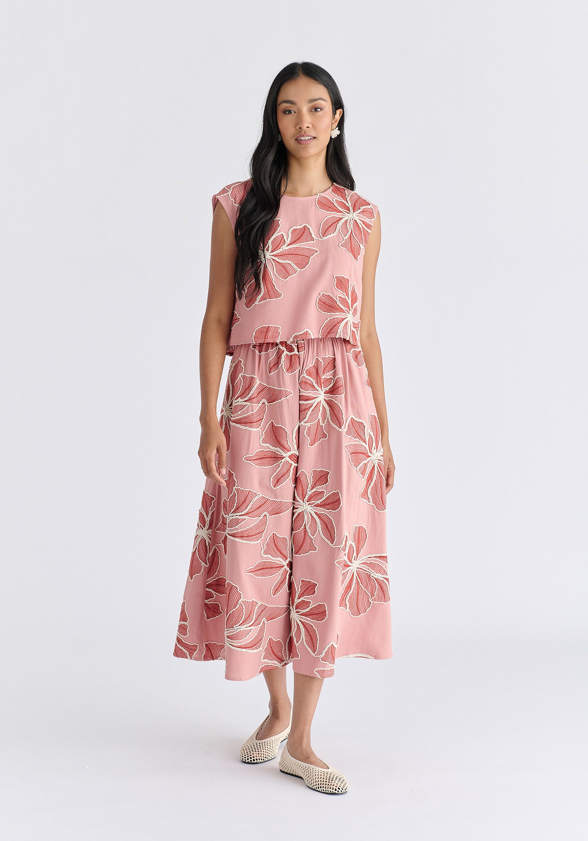 Floral Embroidered Cropped Top in Pink Front