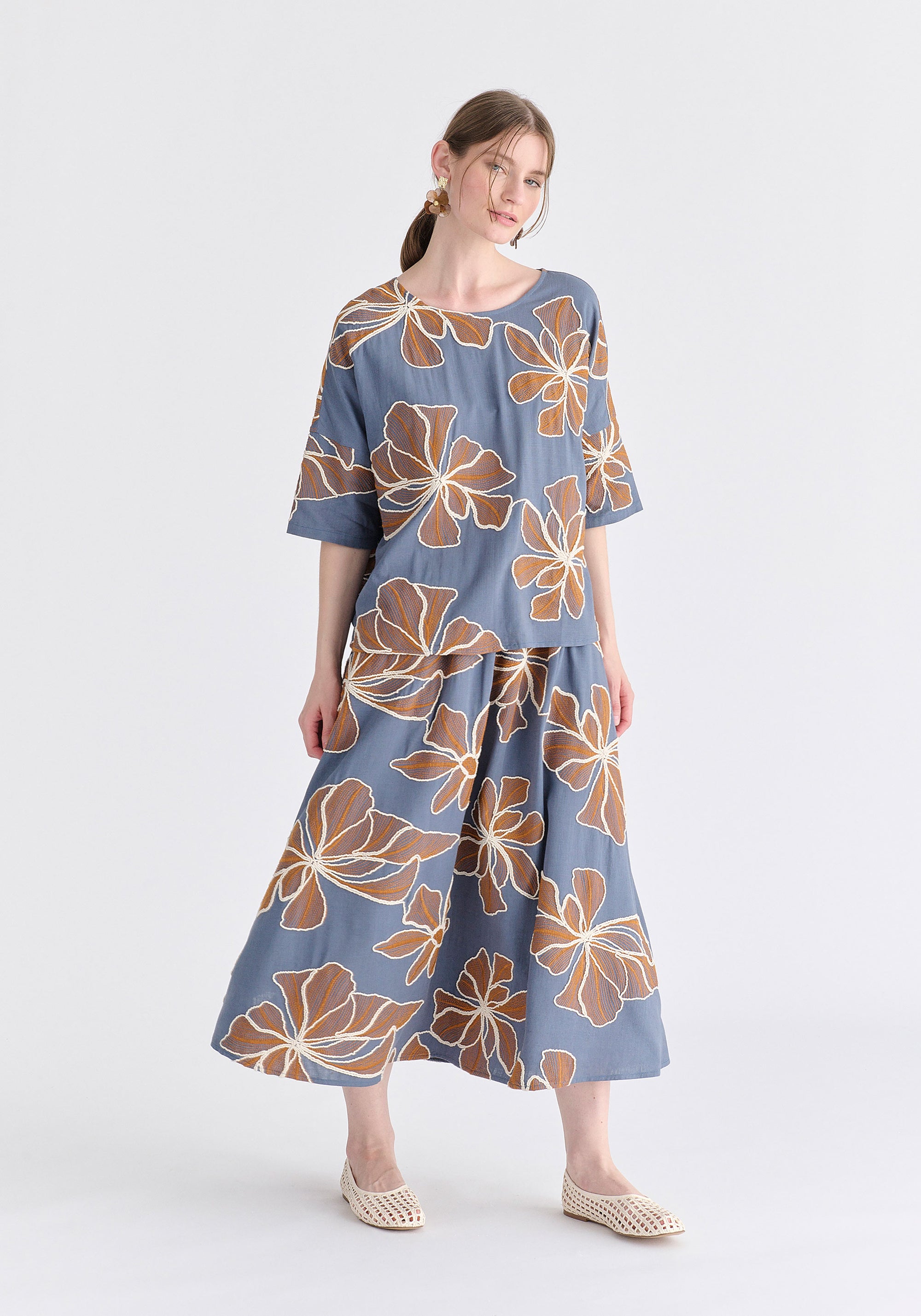 Floral Embroidered Relax Fit Top in Blue Front