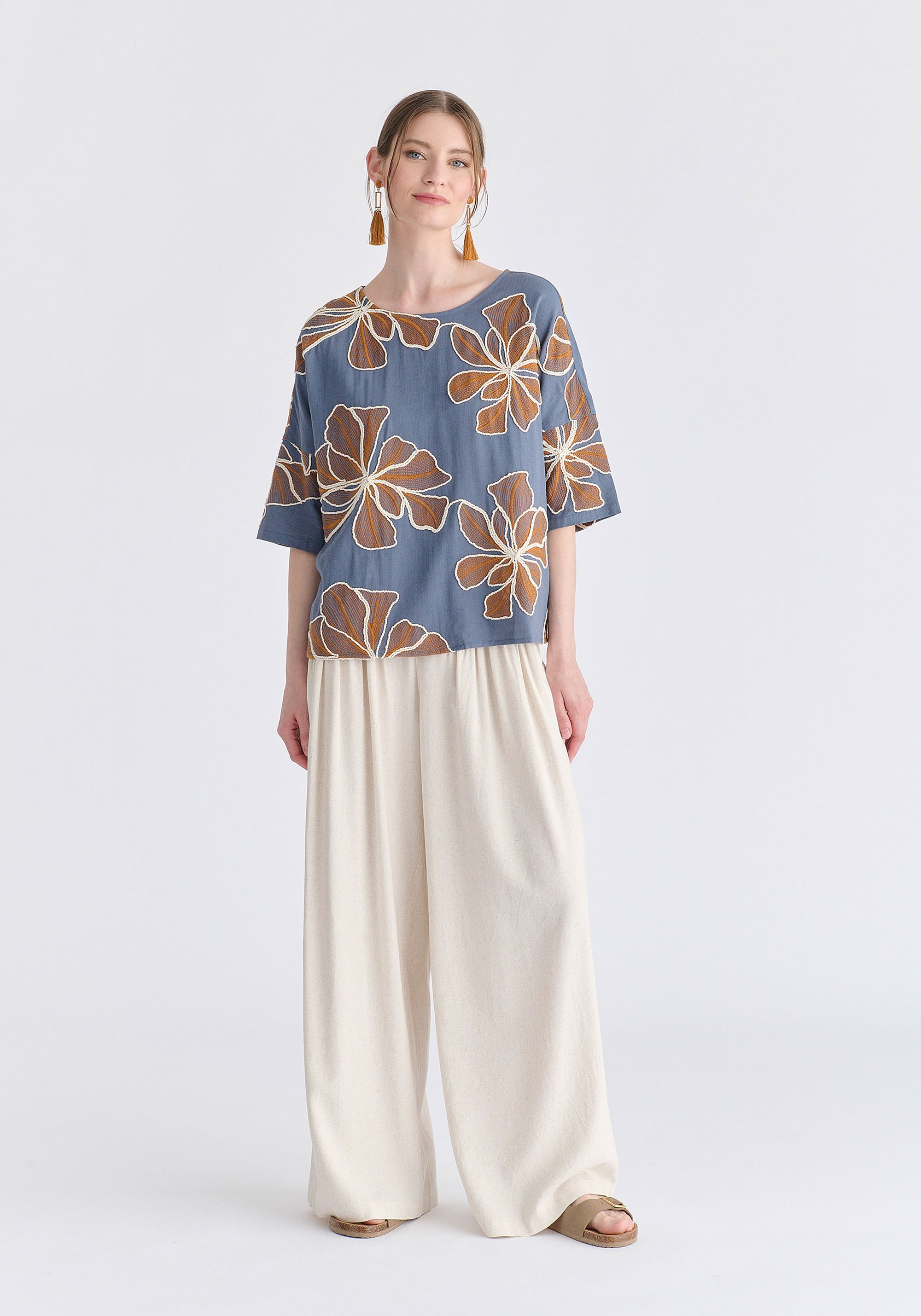 Floral Embroidered Relax Fit Top in Blue Front