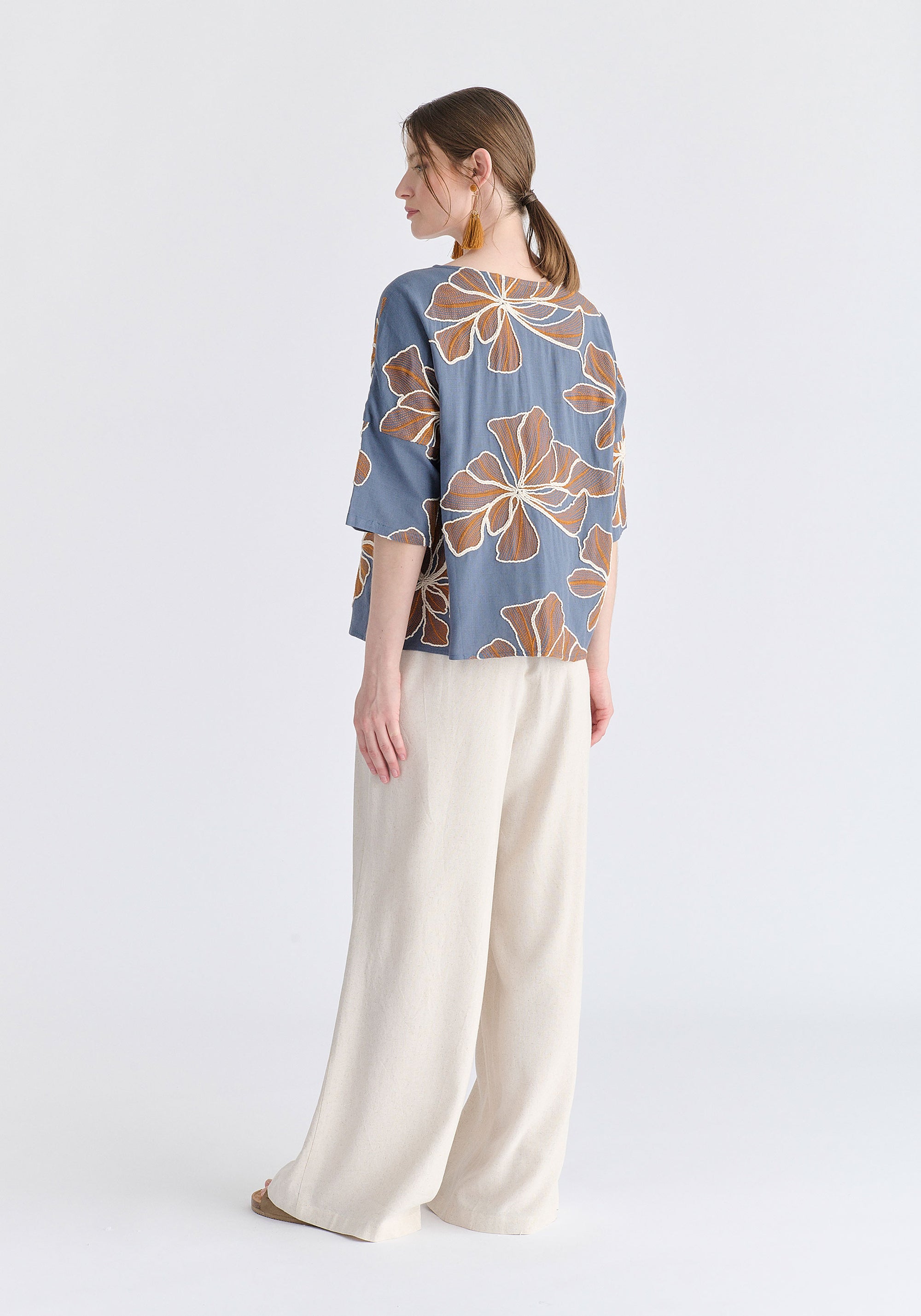 Floral Embroidered Relax Fit Top in Blue Back