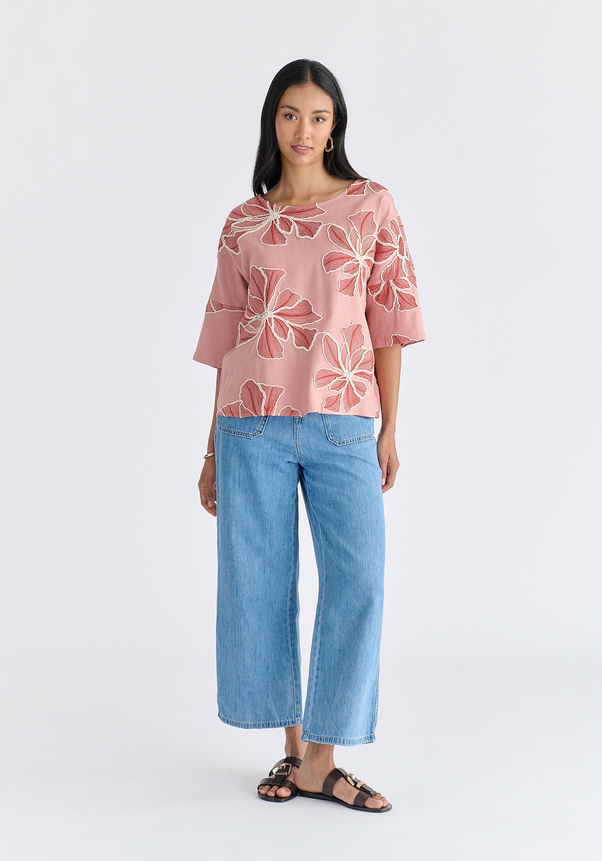 Floral Embroidered Relax Fit Top in Pink Front
